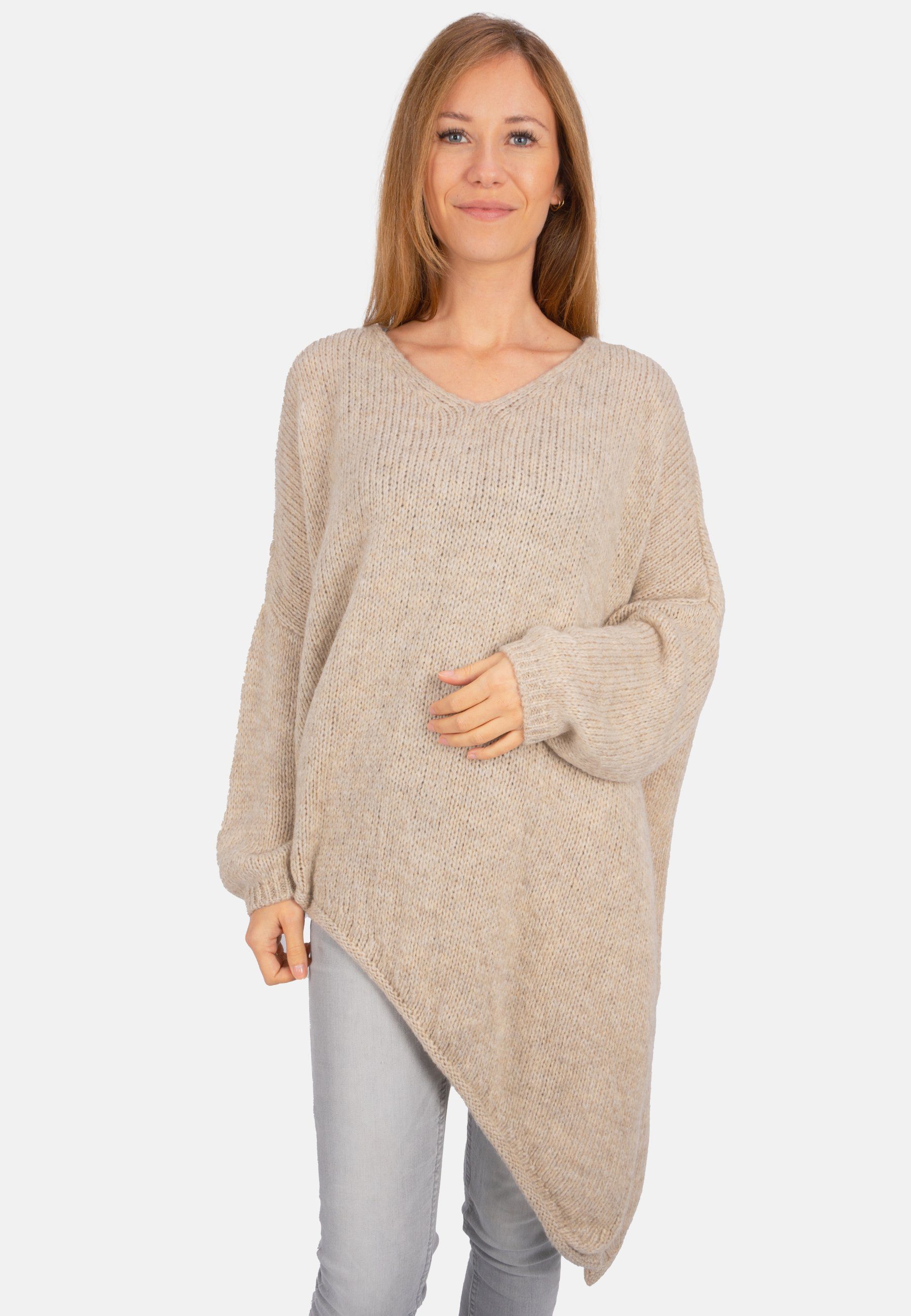 of seitlichem V-Ausschnitt-Pullover Beige Pullover Seasons Rica Asymmetrisch, mit oversized Schlitz April geschnittener