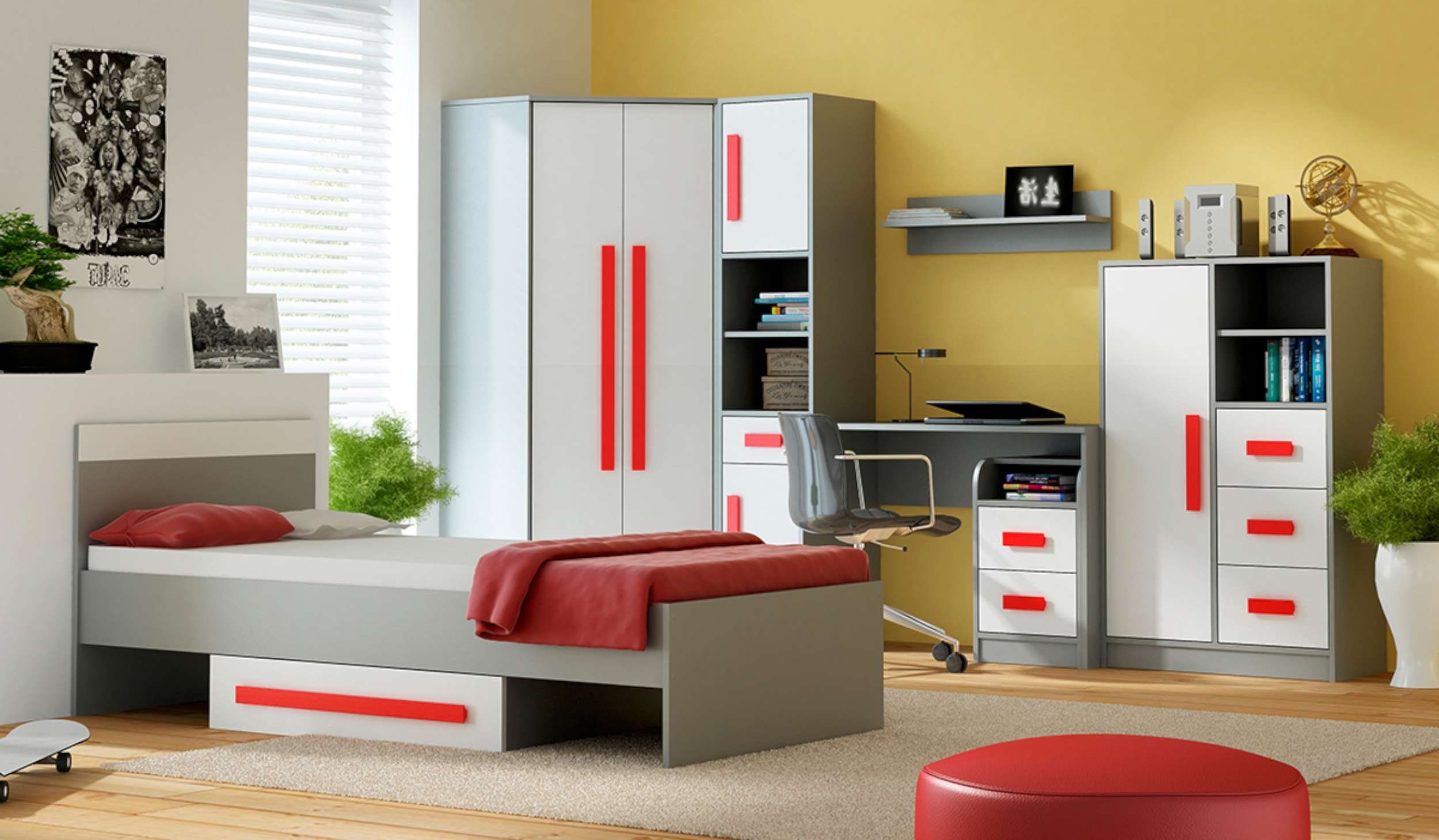 Rot mit (Jugendbett, - Weiß Kinder Bett), Stylefy mit Vollauszug, cm, 90x200 Grau Matratze, Schublade, Jugendbett Gael - für