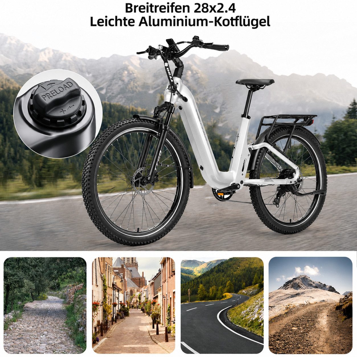 TTGO E-Bike Cityrad 28 Zoll, Fully, Vollfederung, 120km, Drehmomentsensor, mit Bremslicht, 7 Gang Shimano, Kettenschaltung, Heckmotor, 720 Wh, (5 Stufen, Farb-LCD-Display, Hydraulische Scheibenbremsen), Lockout-Federgabel, 70Nm, Pedelec, Elektrofahrrad für Damen und Herren