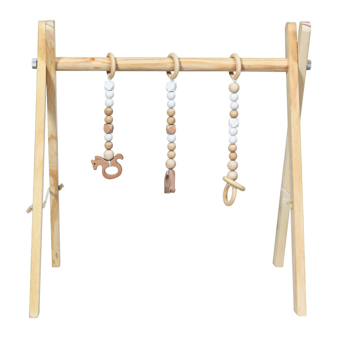 COSTWAY Baby Gym Spielbogen, mit 3 Kinderspielzeugen, klappbar, aus Holz beige