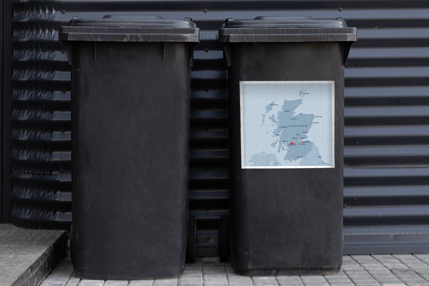 MuchoWow Wandsticker Blaue Karte von Abfalbehälter mit Mülleimer-aufkleber, Sticker, St), Schottland Container, den wichtigsten Städten (1 Mülltonne