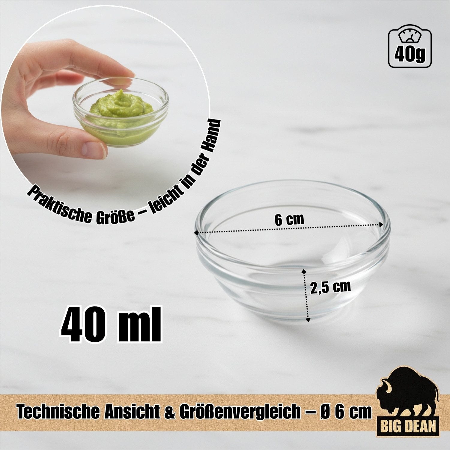 BigDean Dipschale Glasschüssel, Ø 6 cm, ca 40 ml, 12er Set, kleine Glasschalen, Schale, Glas, (Packung, 12-tlg), Spülmaschienenfest, 12er Set