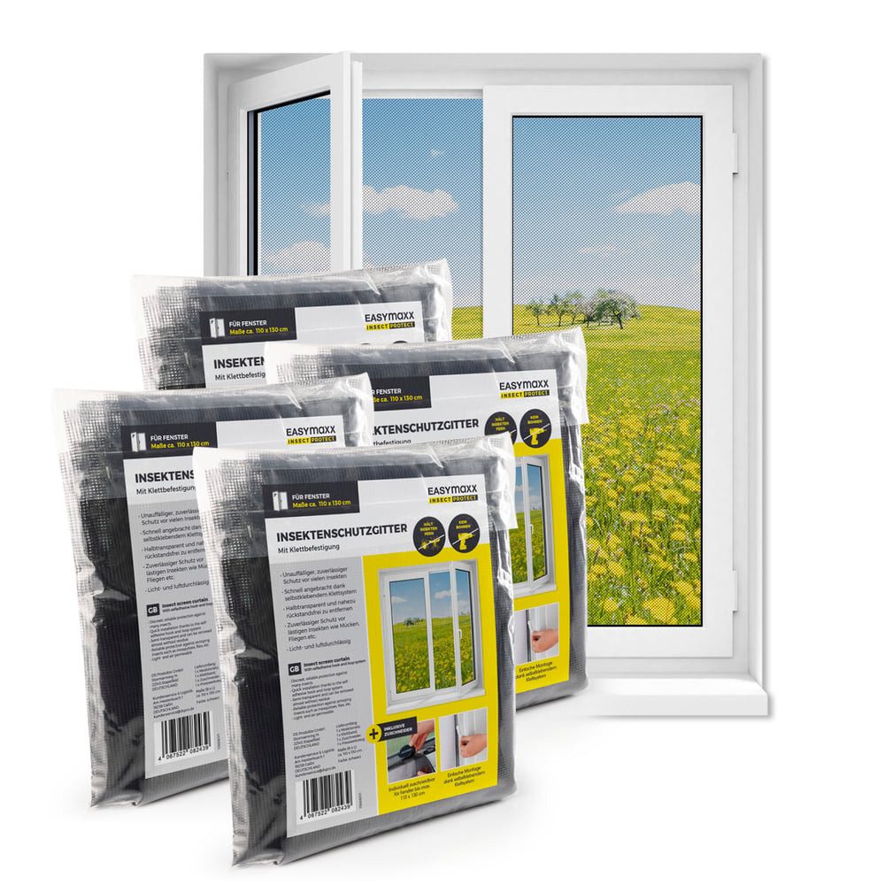 EASYmaxx Insektenschutz-Fensterrahmen Moskitonetz Insektenschutzgitter 110x130cm mit Klettverschluss, (4-St), Moskitonetz, Montage ohne Bohren, zuschneidbarer Insektenschutz