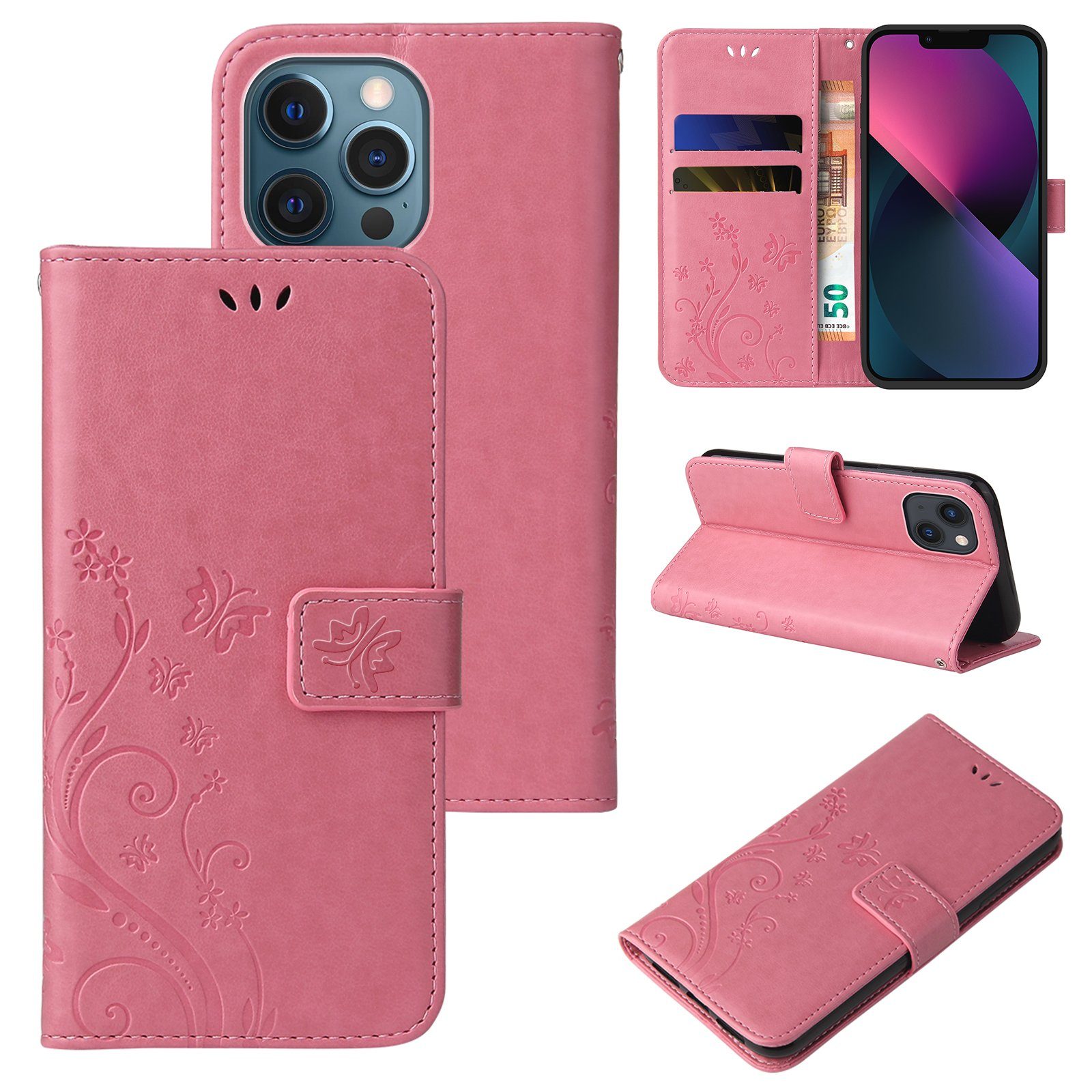 Tec-Expert Handyhülle Cover Tasche Hülle für Apple iPhone 13 6,1 Zoll, Klapphülle Case mit Kartenfach Fliphülle aufstellbar, Motiv Blumen