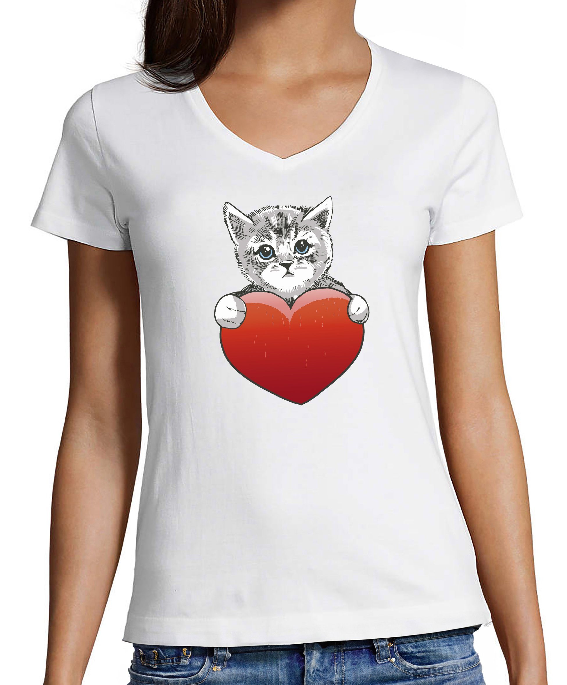 Katzen weiss mit Damen i120 mit Aufdruck, T-Shirt Shirt Baumwollshirt Katze Print Herz Slim MyDesign24 - rotem bedruckt Fit,