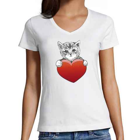 MyDesign24 T-Shirt Damen Katzen Print Shirt bedruckt - Katze mit rotem Herz Baumwollshirt mit Aufdruck, Slim Fit, i120