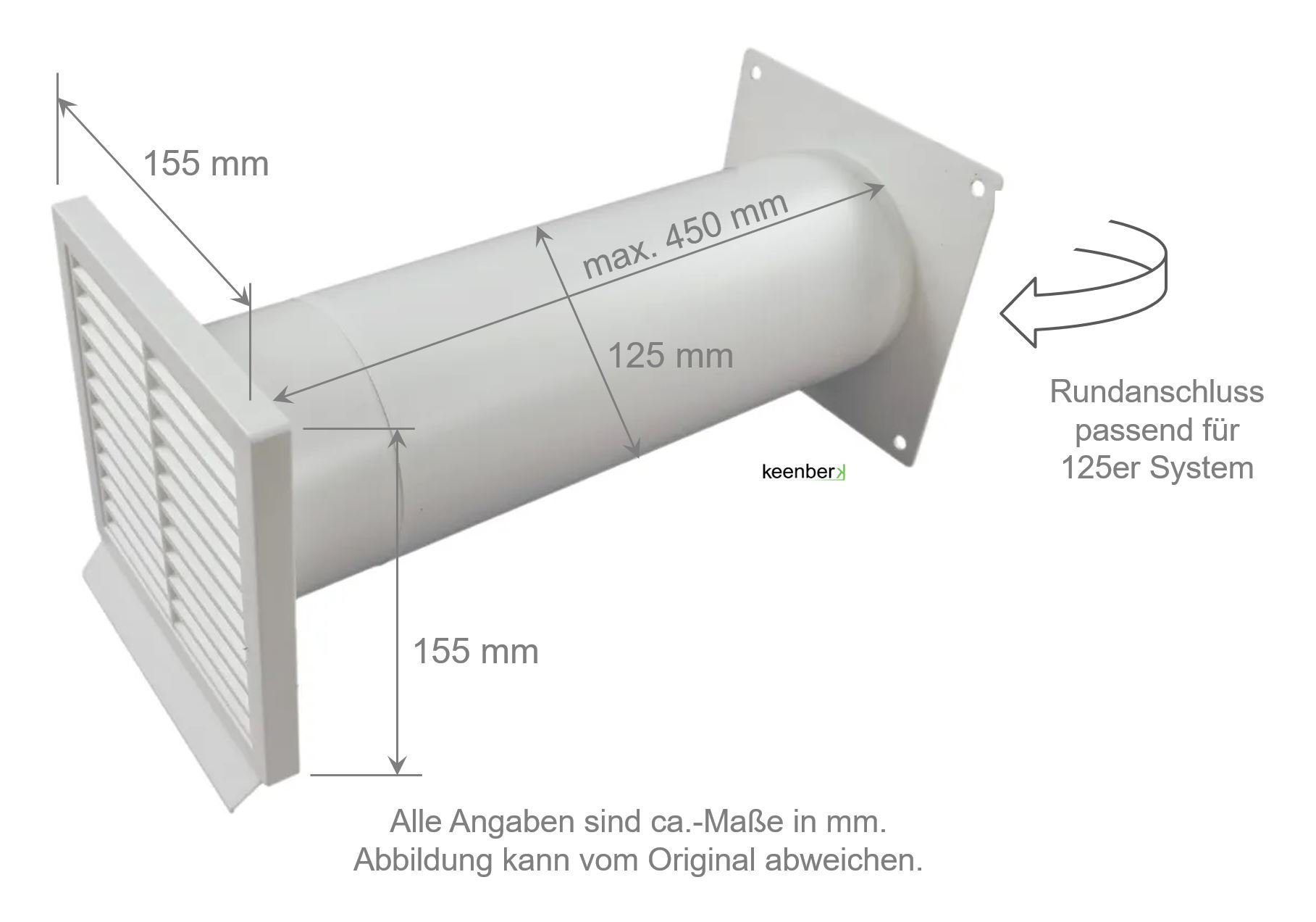 Flachanschluss Außengitter Mauerkasten 450mm ø125mm weiß Mauerstärken IKM