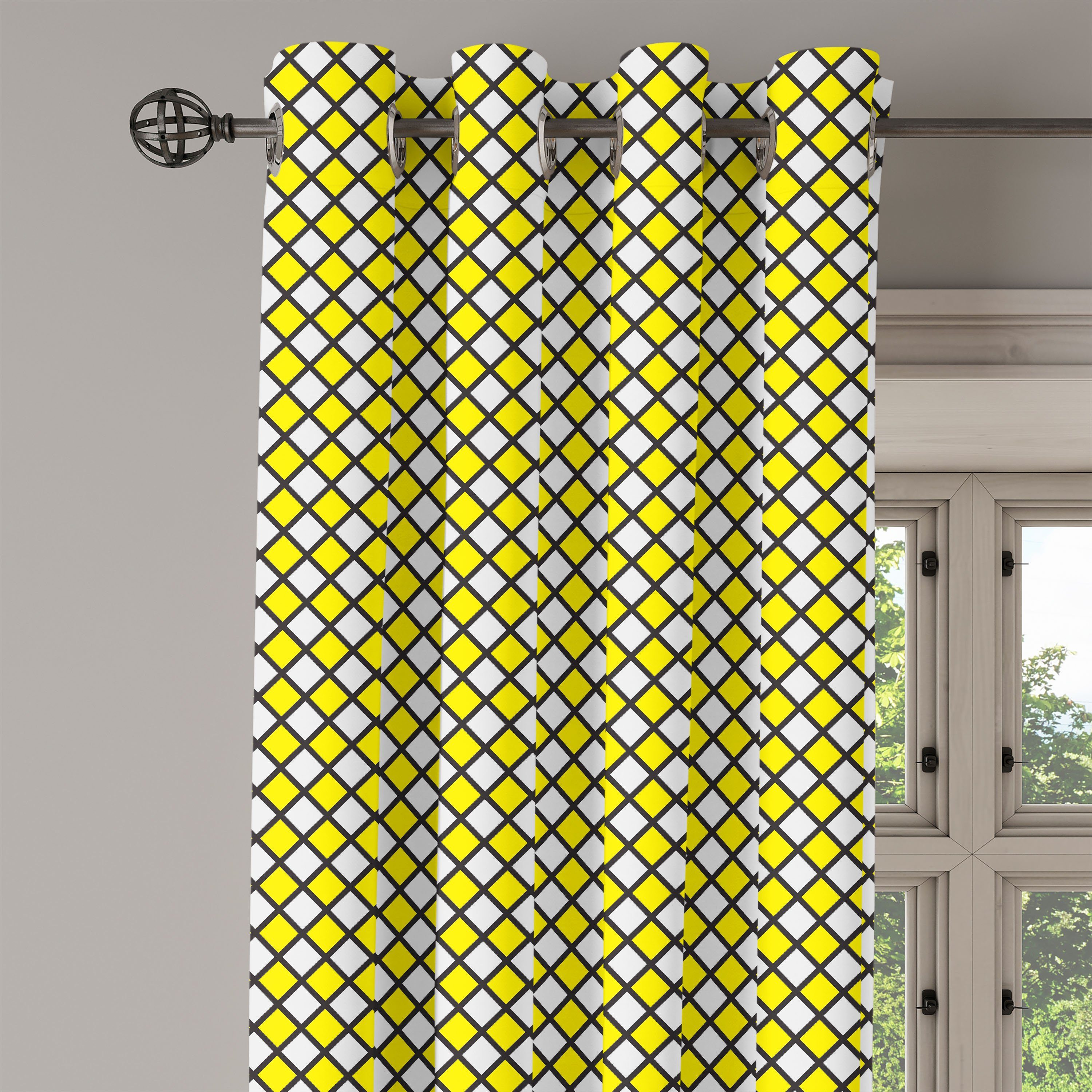 für 2-Panel-Fenstervorhänge geometrische Gardine Dekorative Gelb Abakuhaus, Alt und Weiß Wohnzimmer, Schlafzimmer