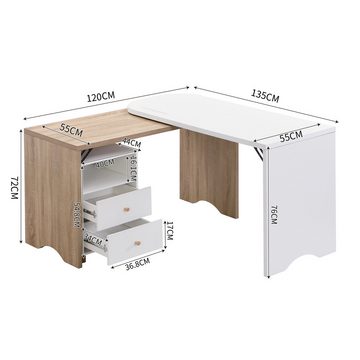 Powerwill Eckschreibtisch Eckschreibtisch 135cm Computertisch (360° drehbar, L-förmiger Eckschreibtisch mit Schublade), Computertisch Bürotisch