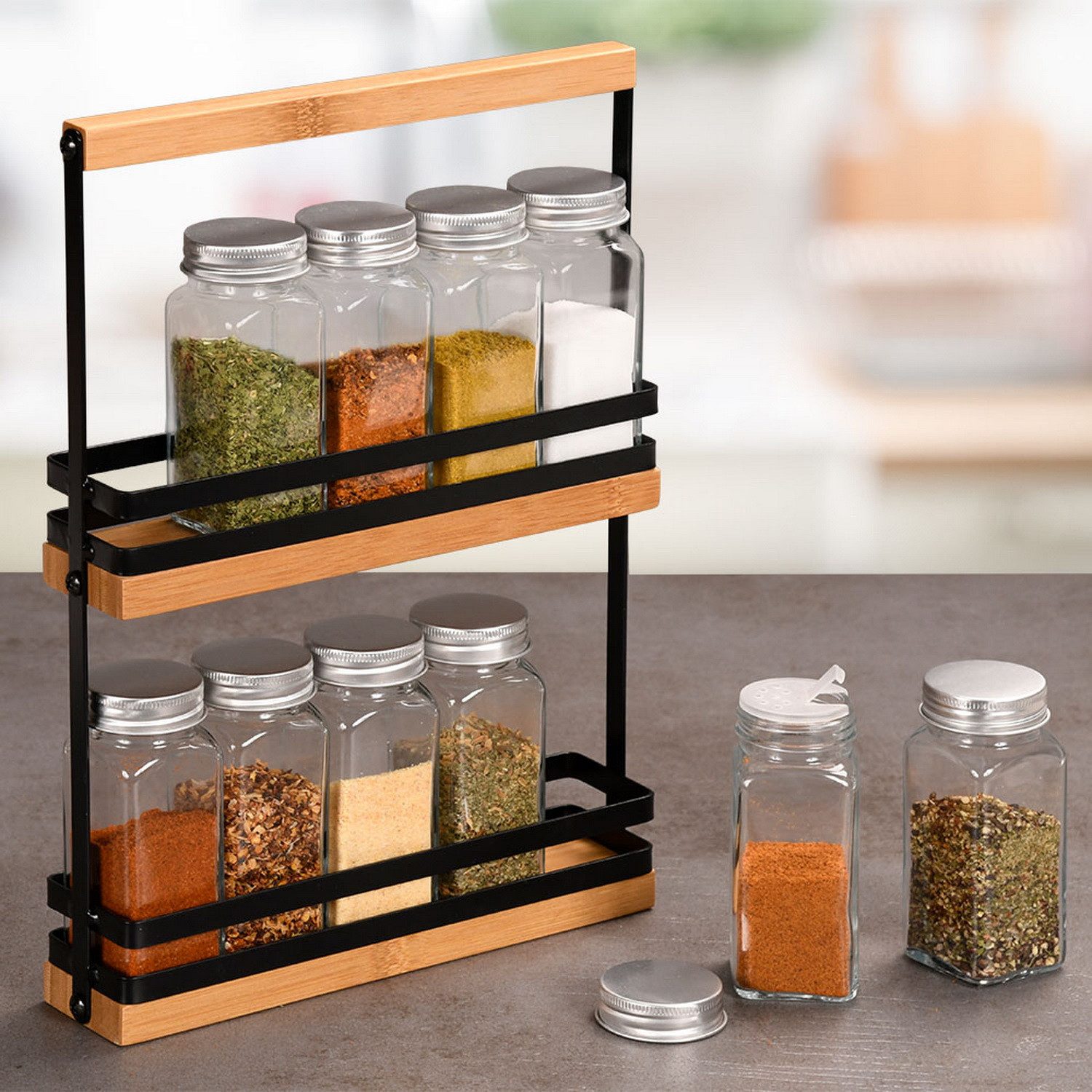 KESPER® Gewürzregal Gewürz-Standregal mit 10 Gewürzgläsern Gewürzständer Gewürz-Ständer, Standregal mit 2 Ebenen für je 5 Gewürzgläser, Gewürzspender individuell befüllbar