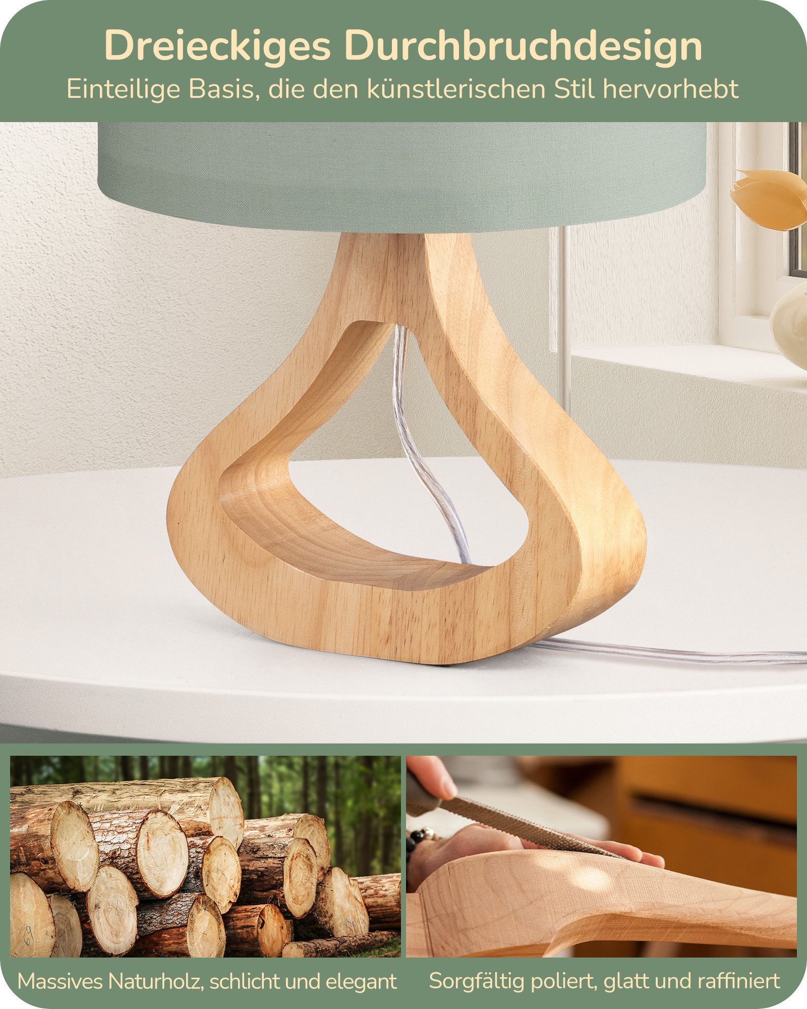 EDISHINE Nachttischlampe Höch 34cm Holz, LED wechselbar, warmweiß, Lampe mi günstig online kaufen