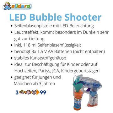 alldoro Seifenblasenpistole 60625, LED Seifenblasenpistole mit Licht, inkl. 118 ml Seifenlauge