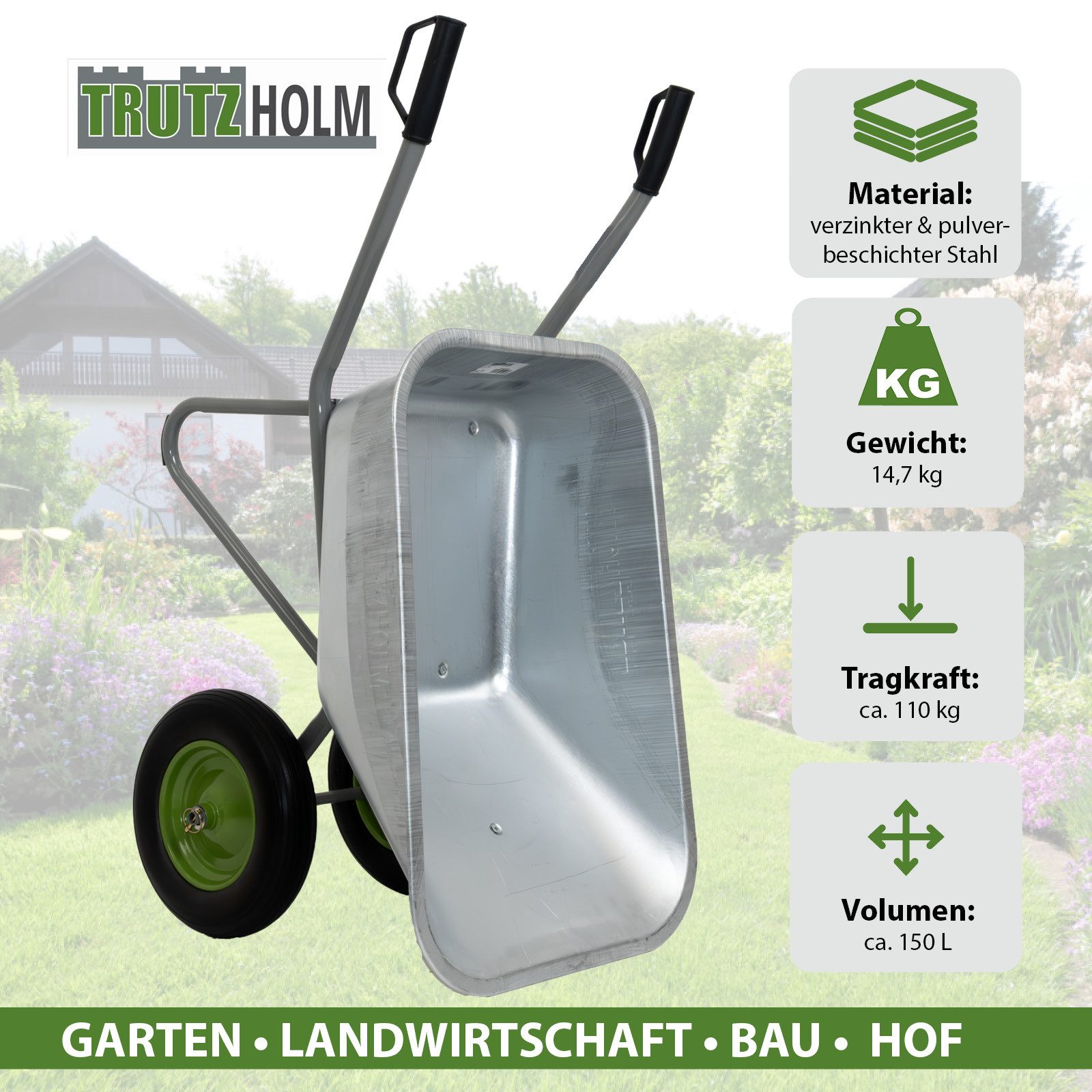 TRUTZHOLM Schubkarre 2-Rad verzinkt 150L Gartenkarre kippsicher PU Räder pannensicher