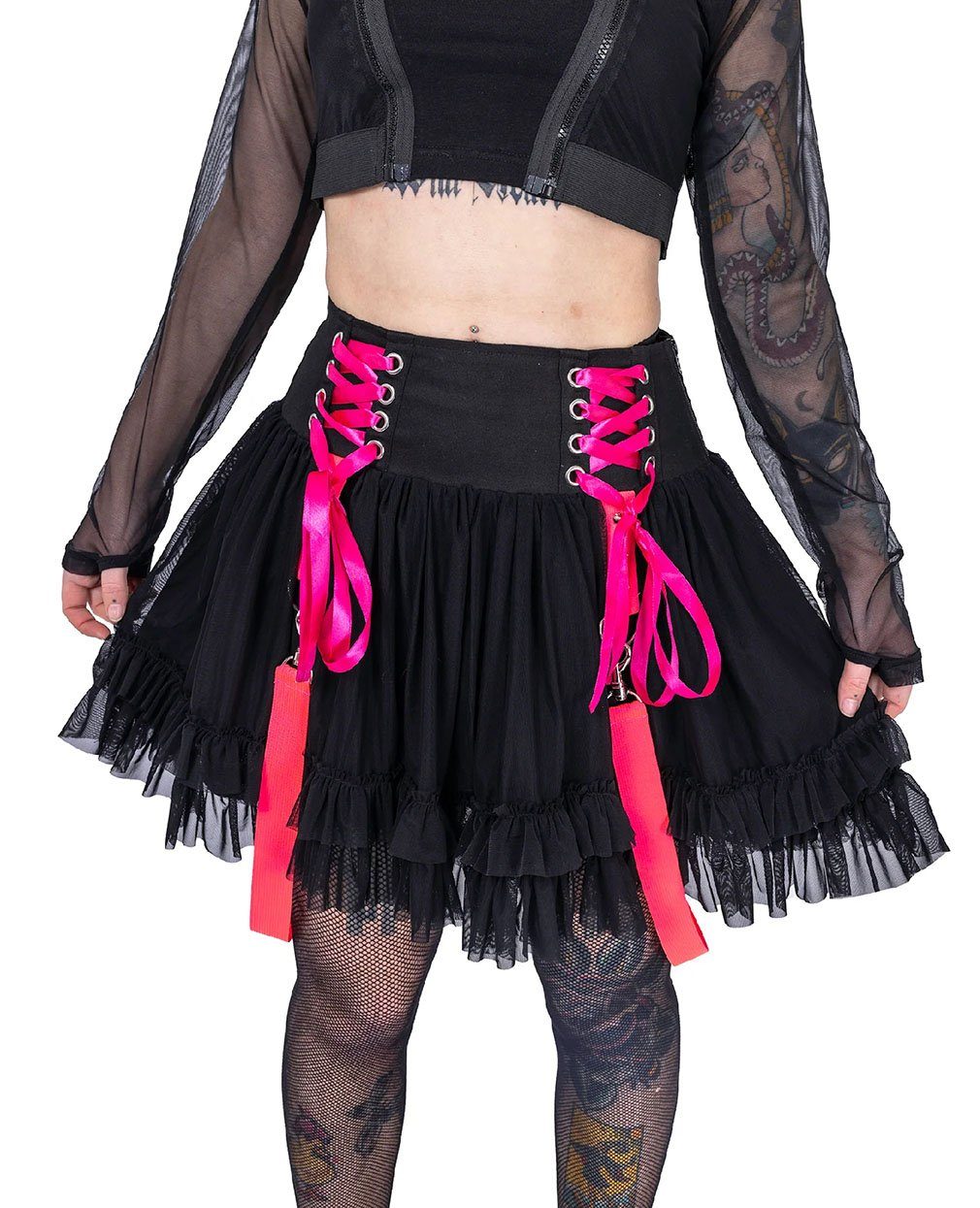 Poizen Industries Stufenrock Chaotic Schwarz Pink Goth Gothic Schnürung Volant Riemen Nieten