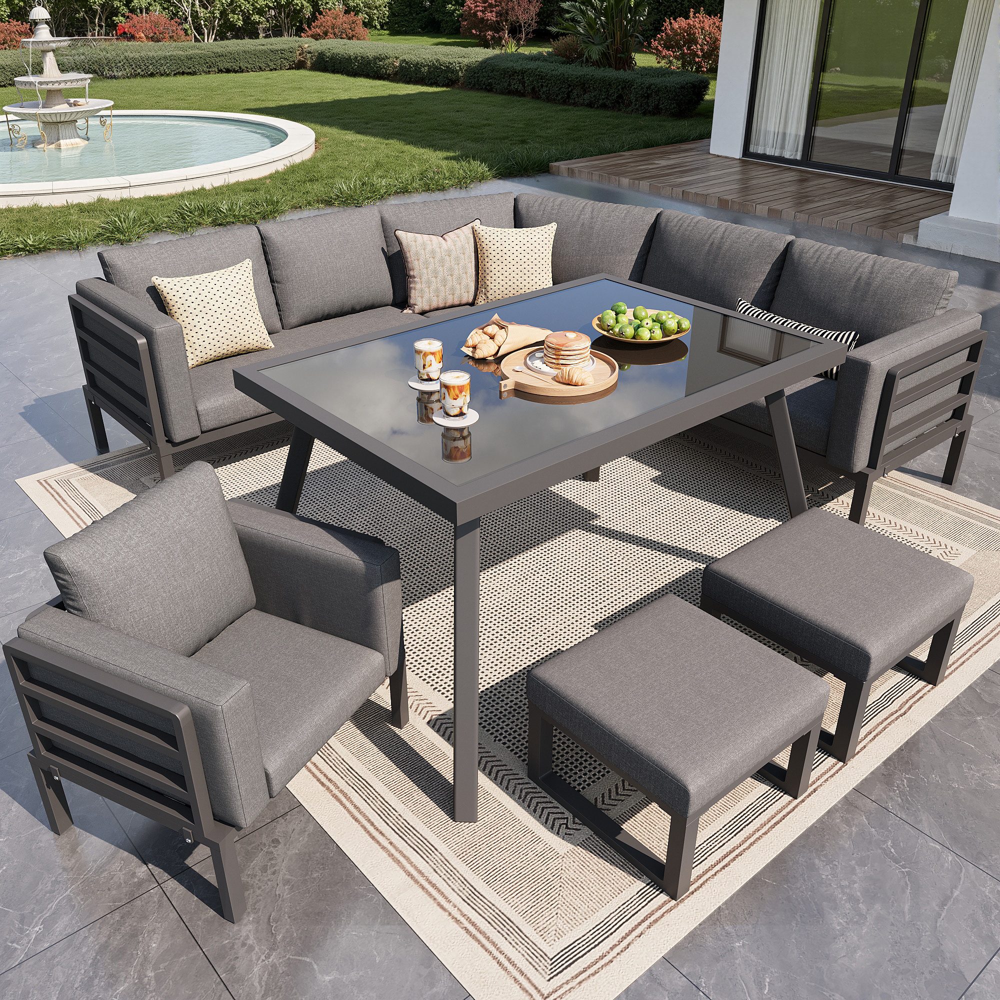 Merax Gartenlounge-Set Halbmond Gartenmöbel Set für 8 Personen, wetterfester Stahlrahmen, (7-tlg), Terrassenmöbel Sitzgruppe mit Glastisch, Sofa, Sessel & 2 Hocker
