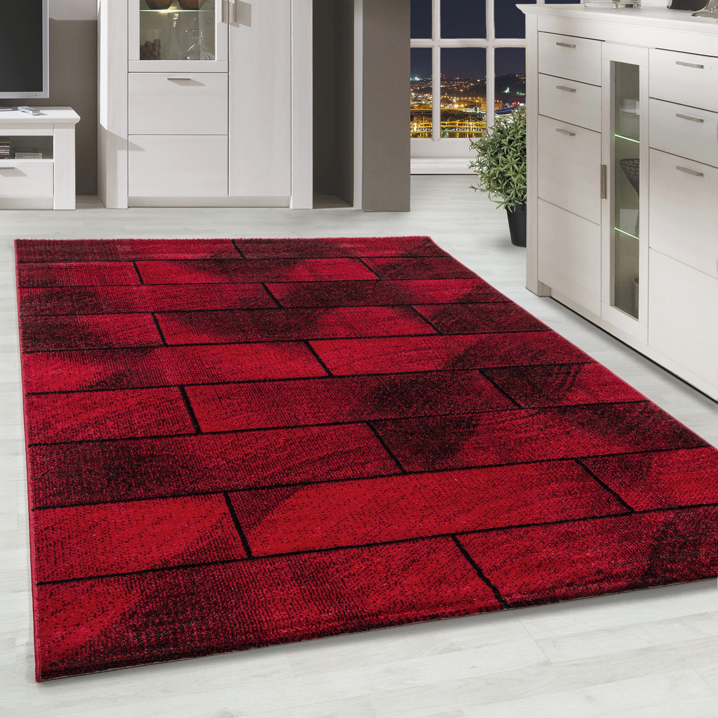 Teppich Geometrisch Design, HomebyHome, Läufer, Höhe: 10 mm, Modern Kurzflor Teppiche Geometrisch Design Rot Teppich Wohnzimmer