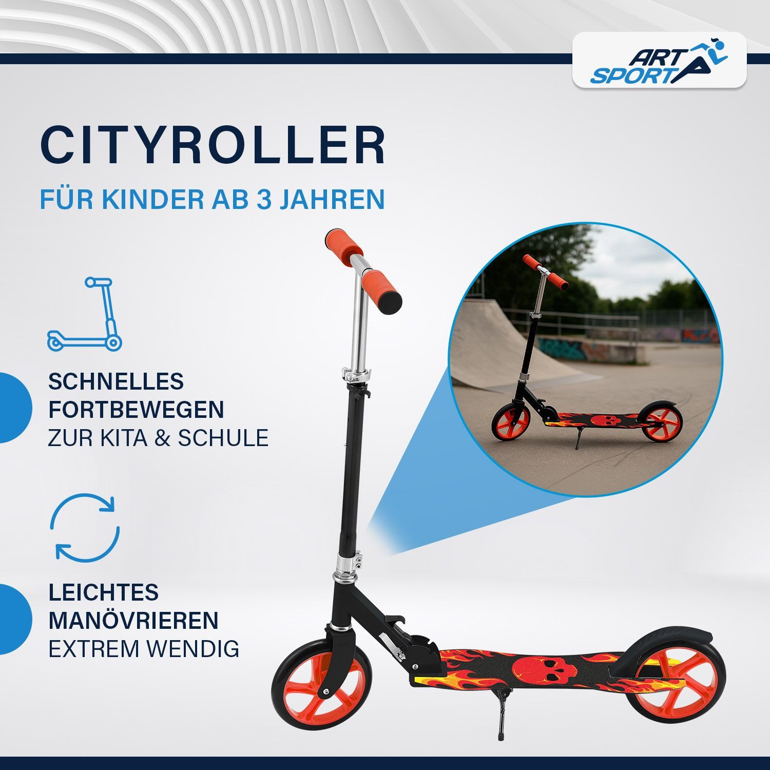 ArtSport Cityroller Fire, mit XXL Rädern, Fußständer, Hinterradreibungsbremse