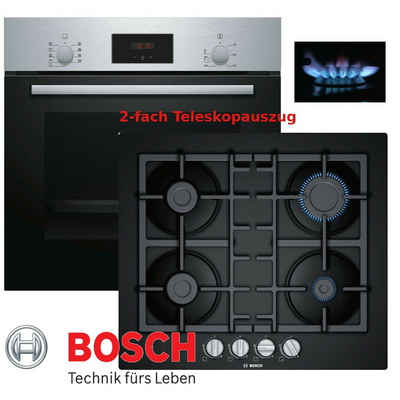 BOSCH Gasherd-Set Autark Elektro Backofen mit 2-Teleskop + GAS Glaskeramik Kochfeld Neu, mit 2-fach-Teleskopauszug