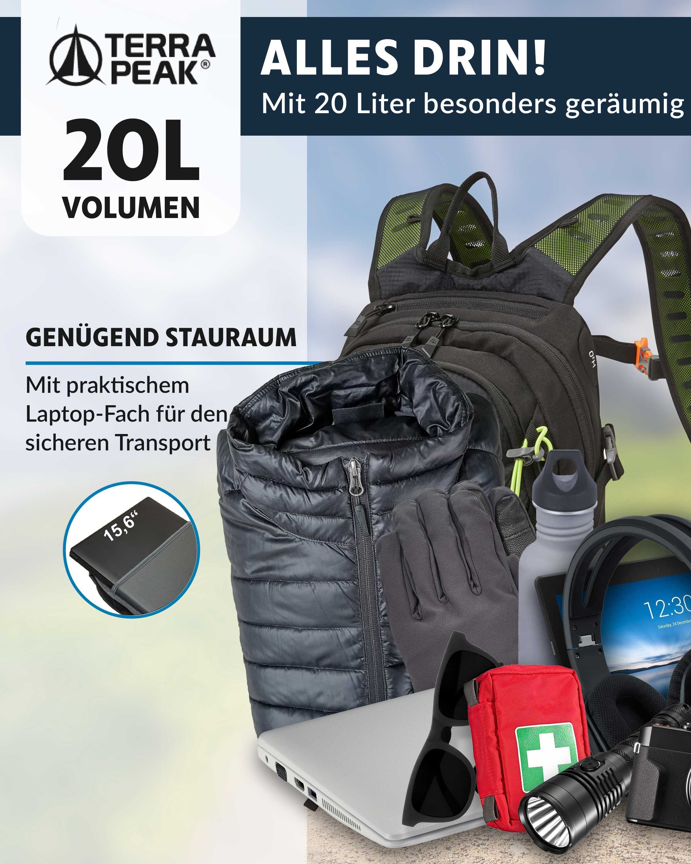 mit Hüftgurt YKK 20, Sportrucksack Active klein Terra Schwarz mit 20L Trekkingrucksack Reißverschluss Peak