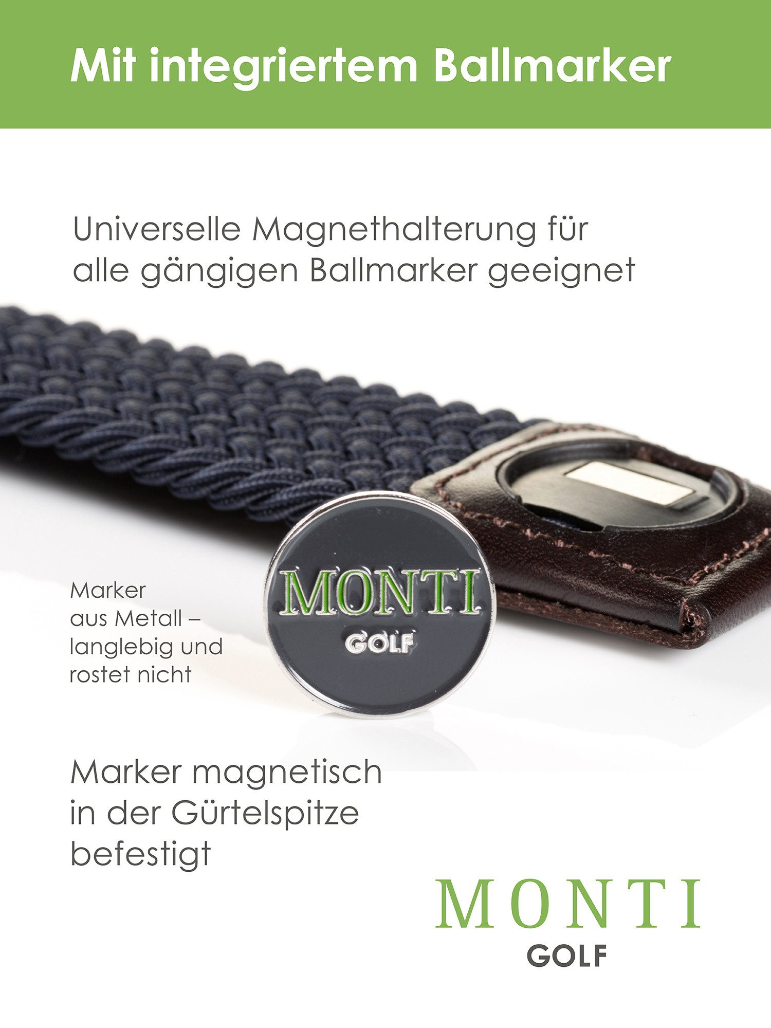 MONTI Flechtgürtel BIRDIE elastisch, integrierter Ballmarker magnetisch, 3,5 cm breit