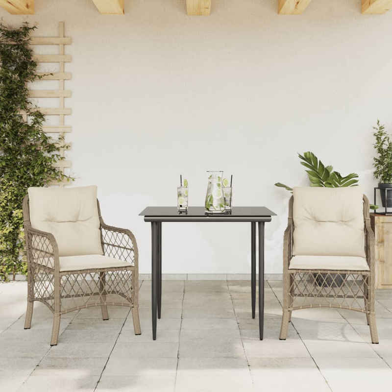 vidaXL Gartenlounge-Set 3-tlg. Bistro-Set mit Kissen Beige Poly Rattan, (3-tlg)