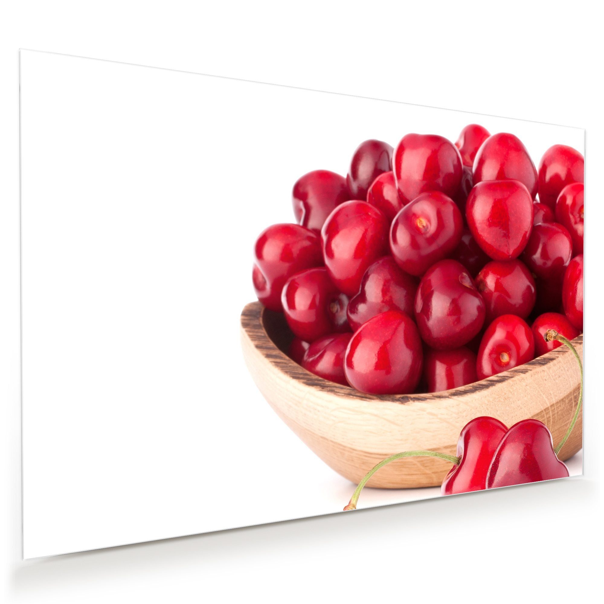 Primedeco Glasbild Wandbild Kirschen in Holzschale mit Aufhängung, Früchte