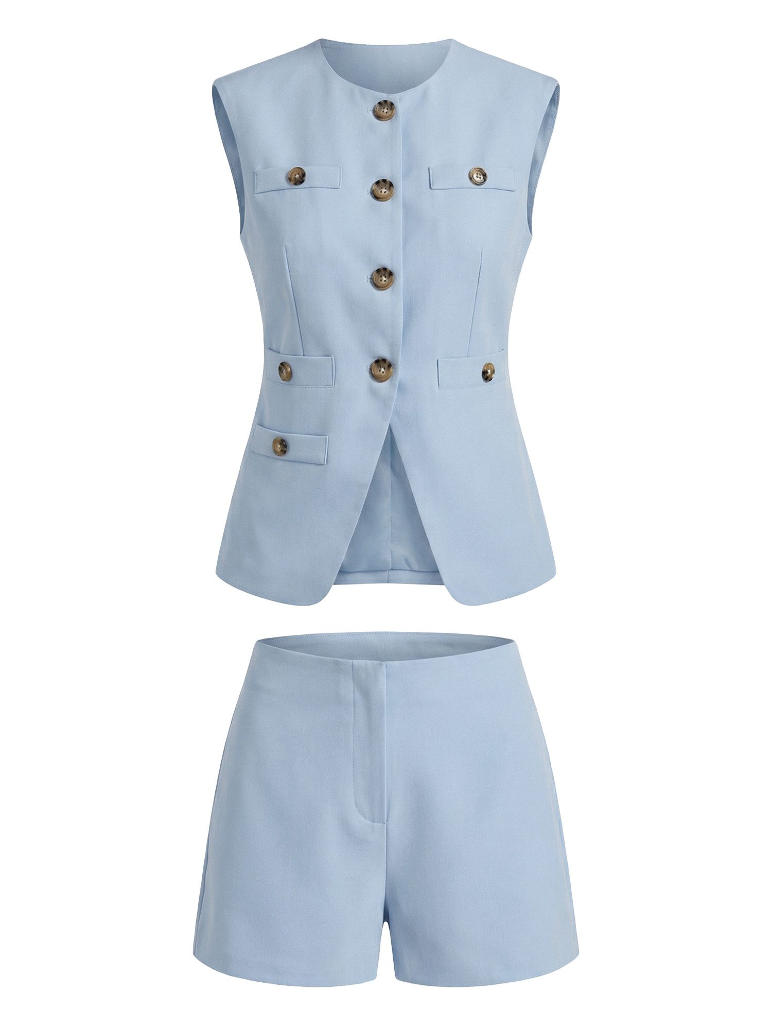 Imily Bela Anzug Damen 2-teiliges Set ärmellos Rundhals Business Casual (Set, 2-tlg., Weste mit Knöpfen+Shorts mit Eingrifftaschen, 2er-Pack) in Unifarbe – Bild 5 von 5