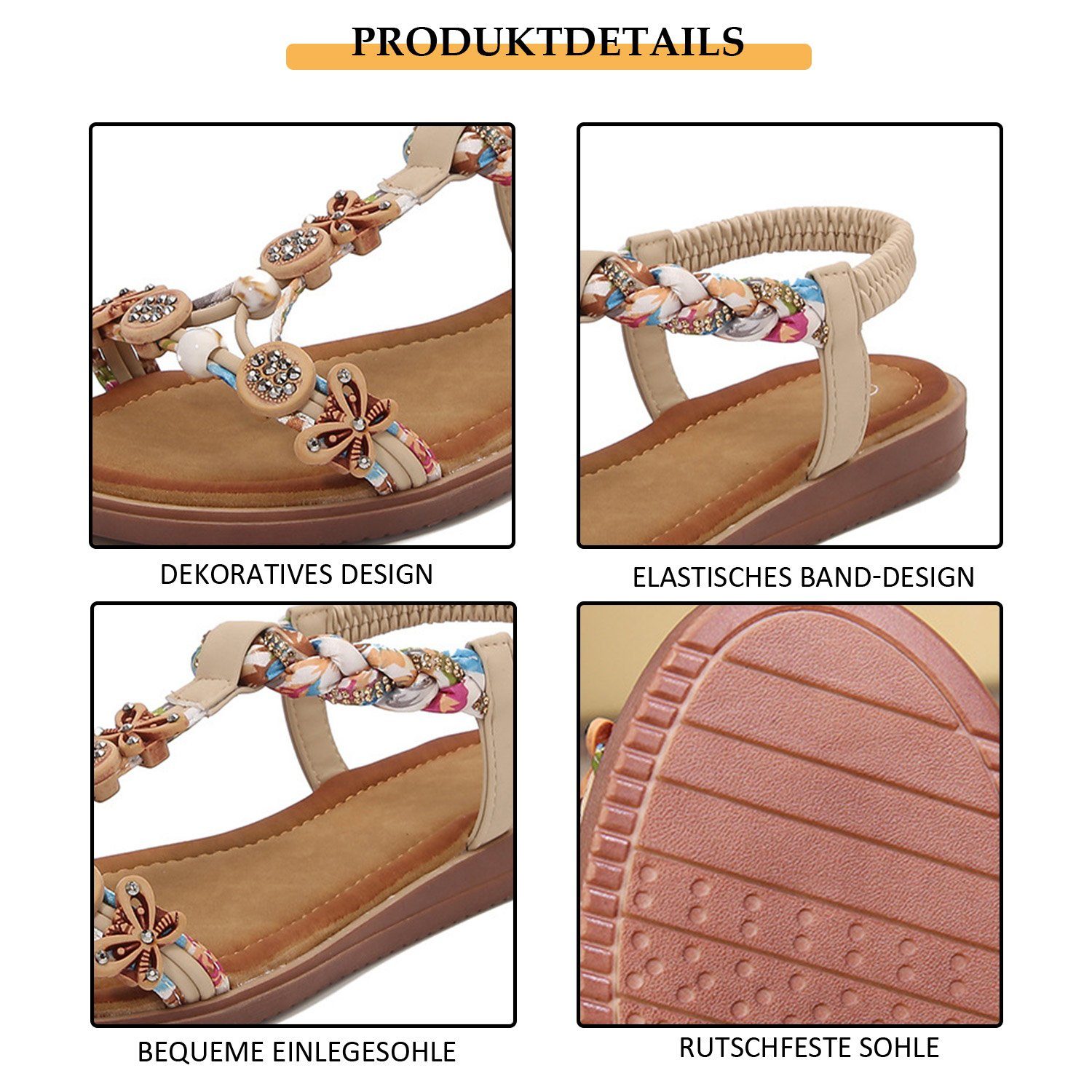 Aprikose Elegant Sandalen, MAGICSHE Blumen-Perlen böhmischen Damen Sandale Sommer