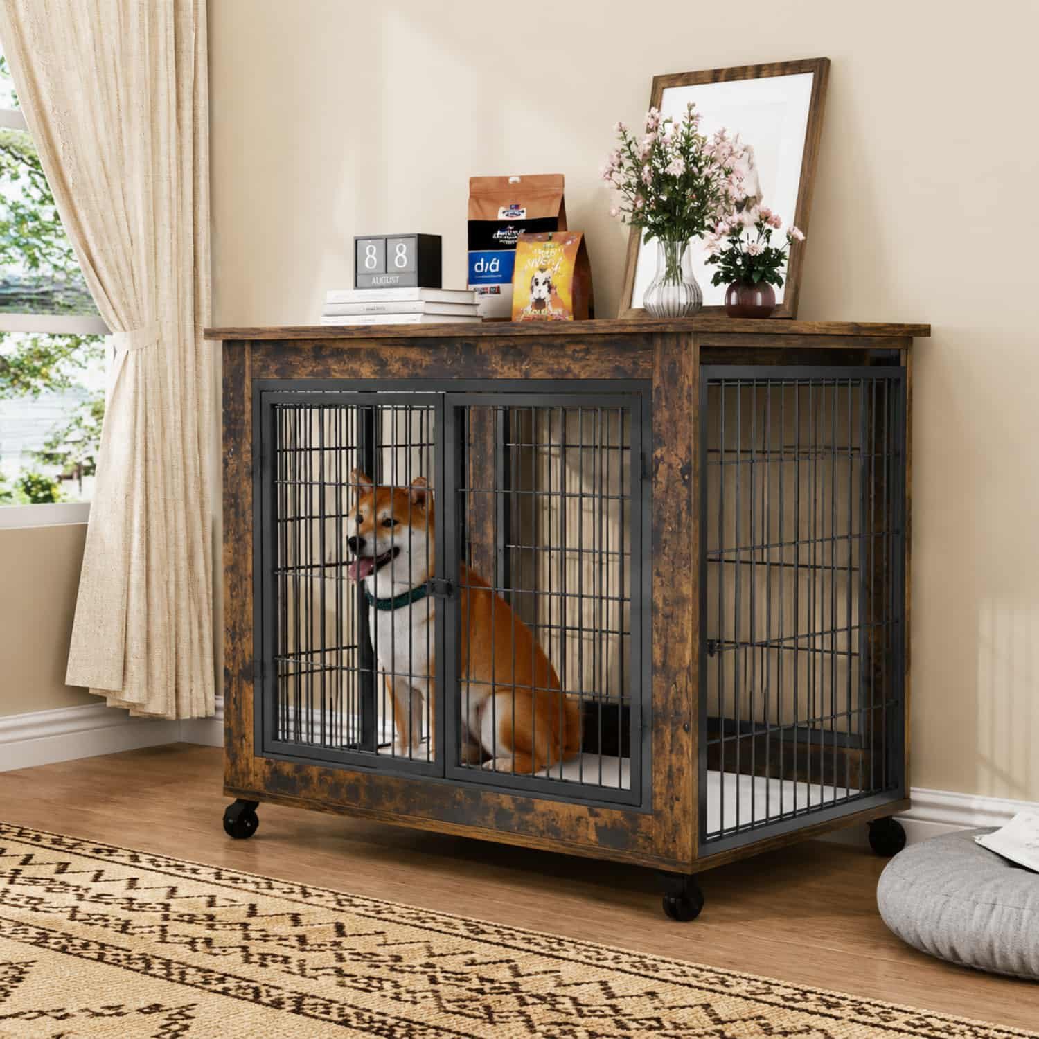 ANYSUN Hundehütte Möbel Hundebox, Hundehütte Innenbereich mit Doppeltür & Rollen, 80 × 56 × 69,5 cm, Klappdach, Stahlgitter & 80 kg belastbar