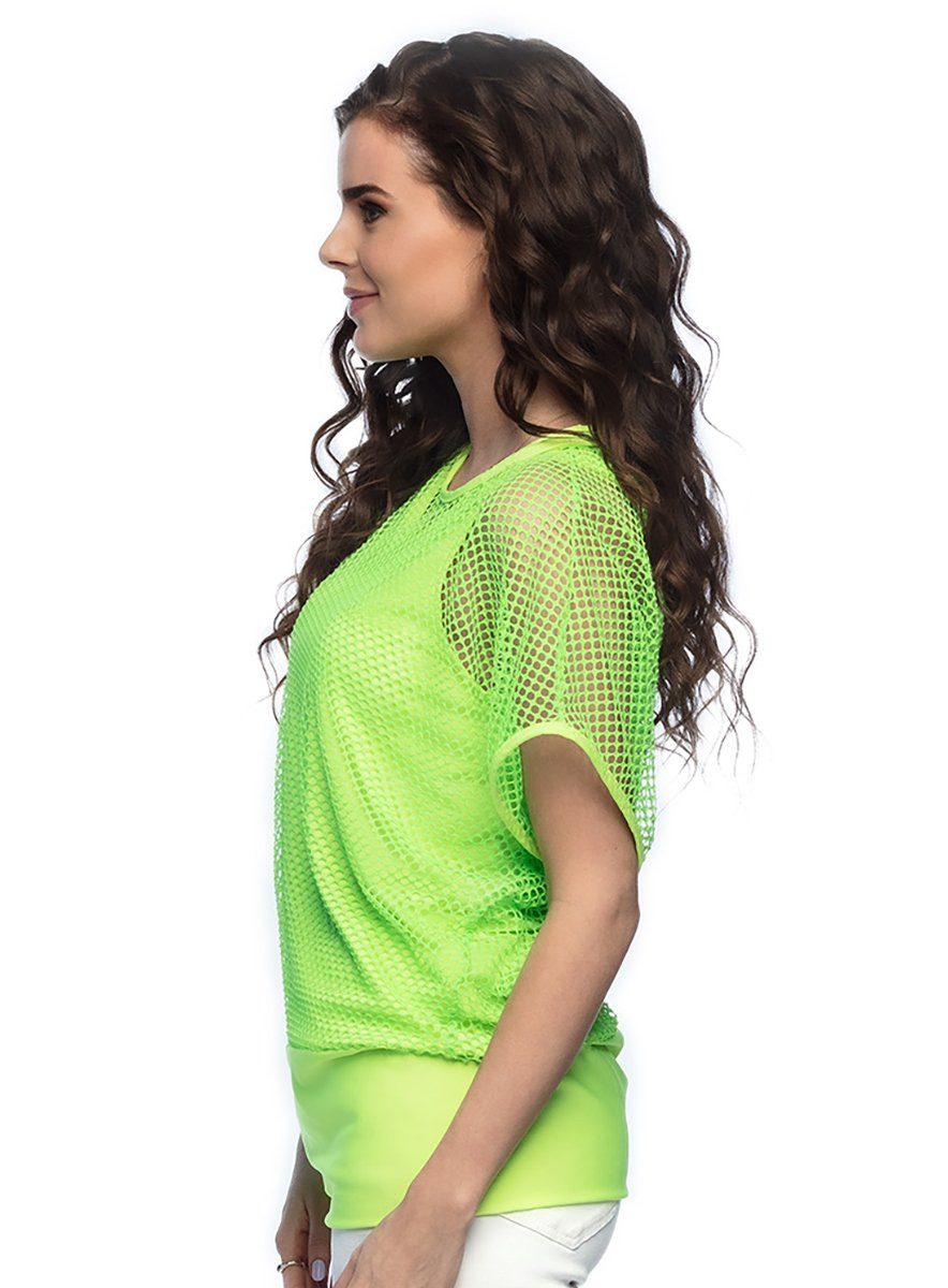 Boland Kostüm Kurzarm Netzhemd neon-grün, Blickdichtes Tanktop mit übergestülptem Netzshirt