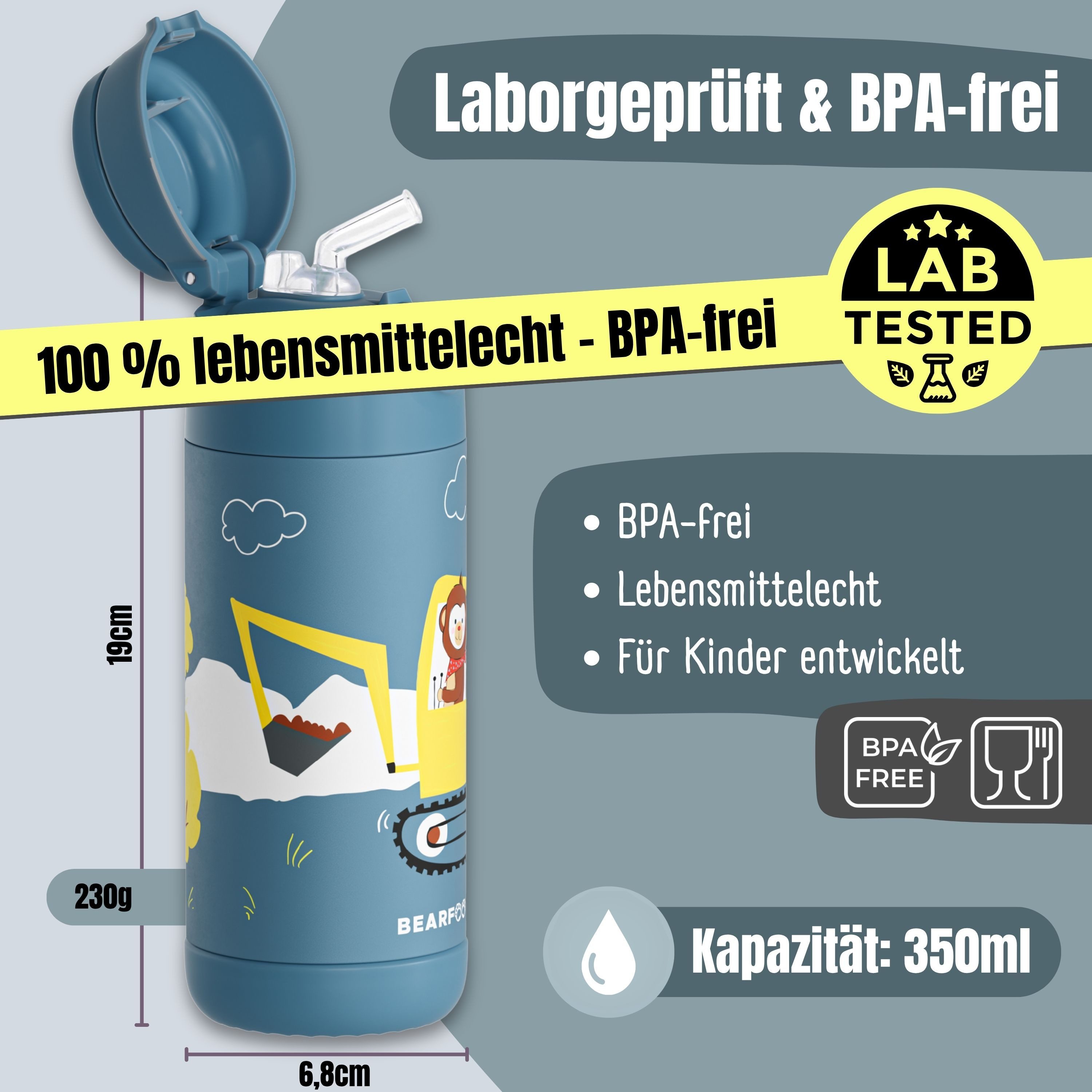 BEARFOOT Trinkflasche Thermo Kinder Trinkflasche Edelstahl - Bagger Affe blau, Thermosflasche, auslaufsicher, Edelstahl, Kinderflasche, BPA-frei – Bild 5 von 5