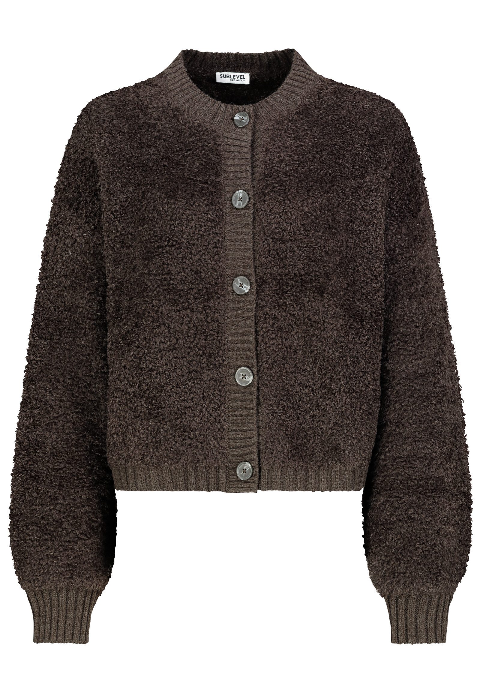 SUBLEVEL Cardigan Schlingengarn Ballonärmel Knopfleiste für Damen (1-tlg) Schlingengarn, Ballonärmel, Knopfleiste, Rippabschlüsse