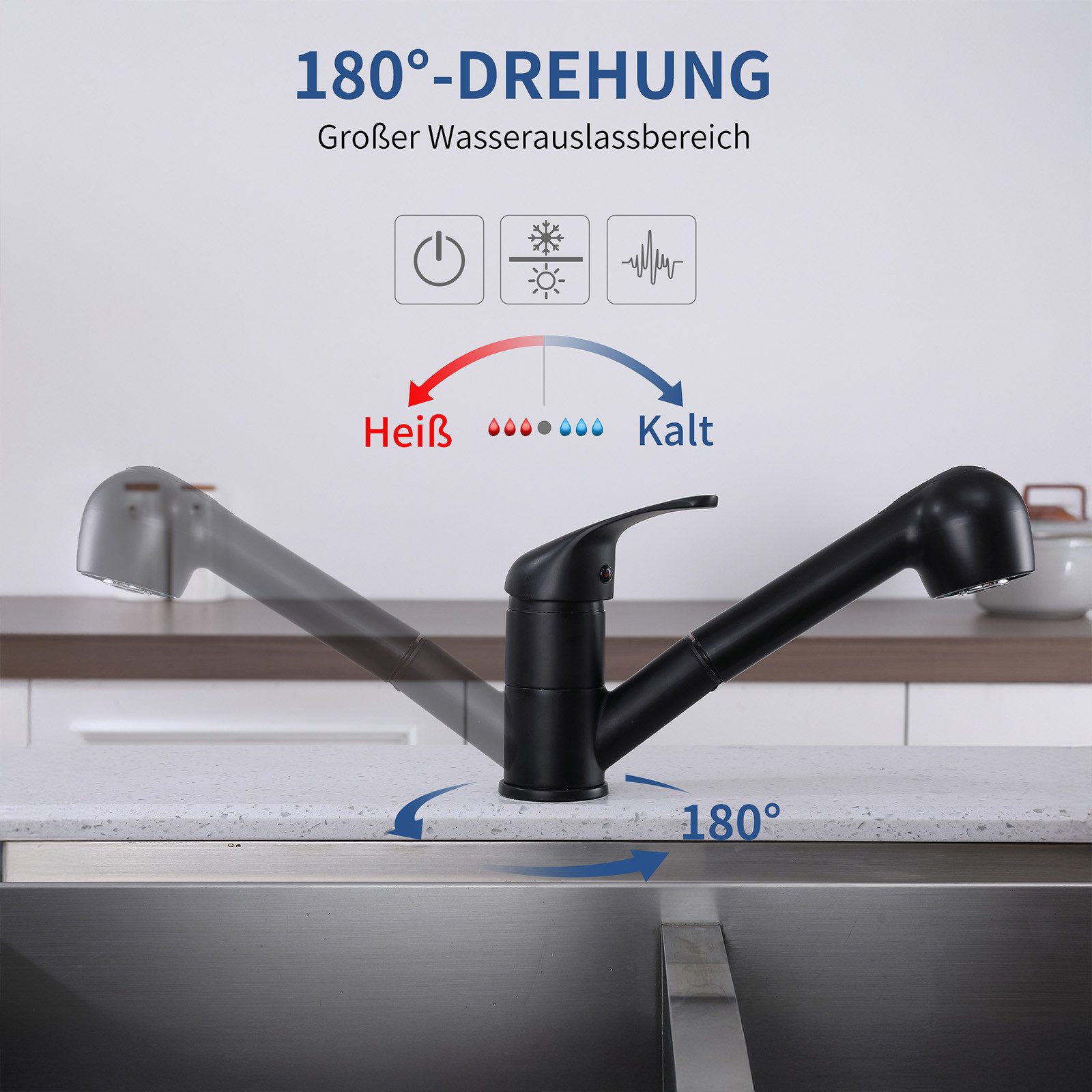 HOMELODY Spültischarmatur Hochdruck Wasserhahn Küche 180° Küchenarmatur mit Ausziehbarer Mischbatterie mit Dual-Spülbrause Schwarz