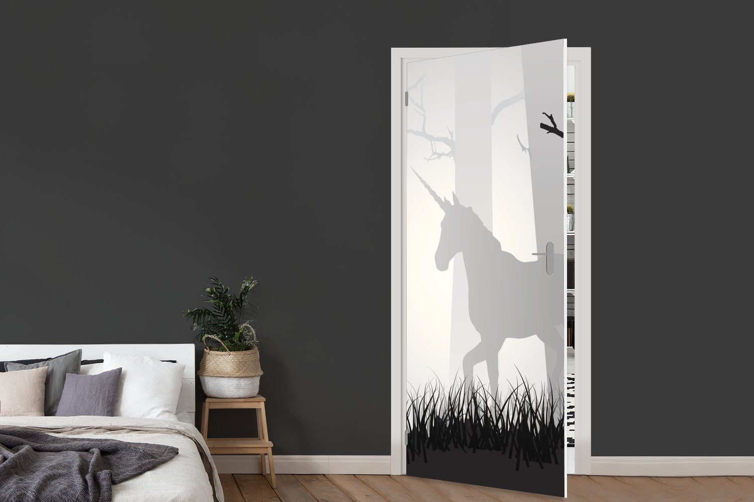 St), nebligen - Tür, Wald cm MuchoWow Illustration bedruckt, Türtapete (1 Einhorns für einem eines Fototapete Mädchen -, Matt, Türaufkleber, Eine 75x205 in