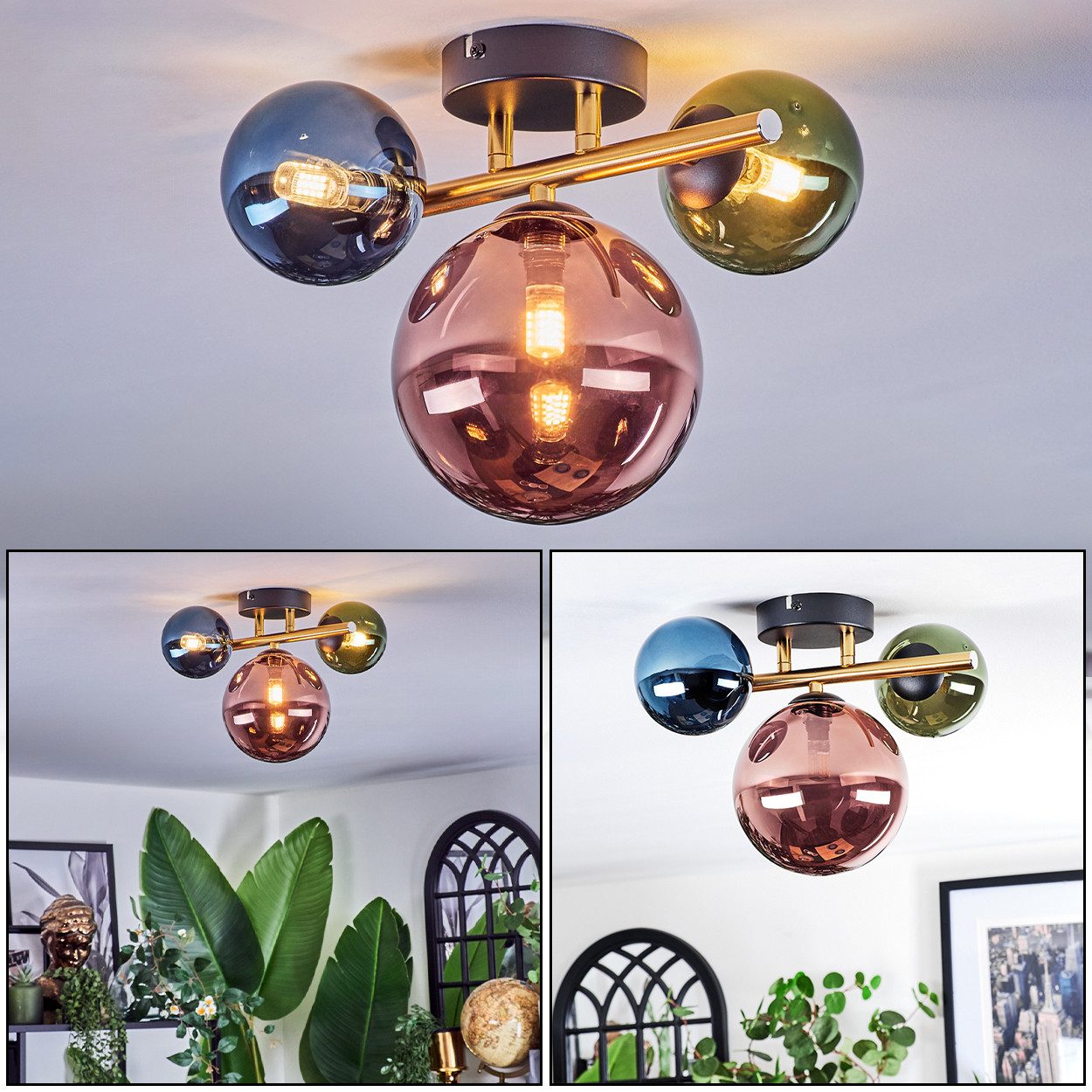 hofstein Deckenleuchte Deckenlampe aus Metall/Glas in Schwarz/Gold/Grün/Blau/Kupfer, Deckenleuchte im modernen Vintage-Design (Schirme Ø 10; 15 cm), 3 x G9