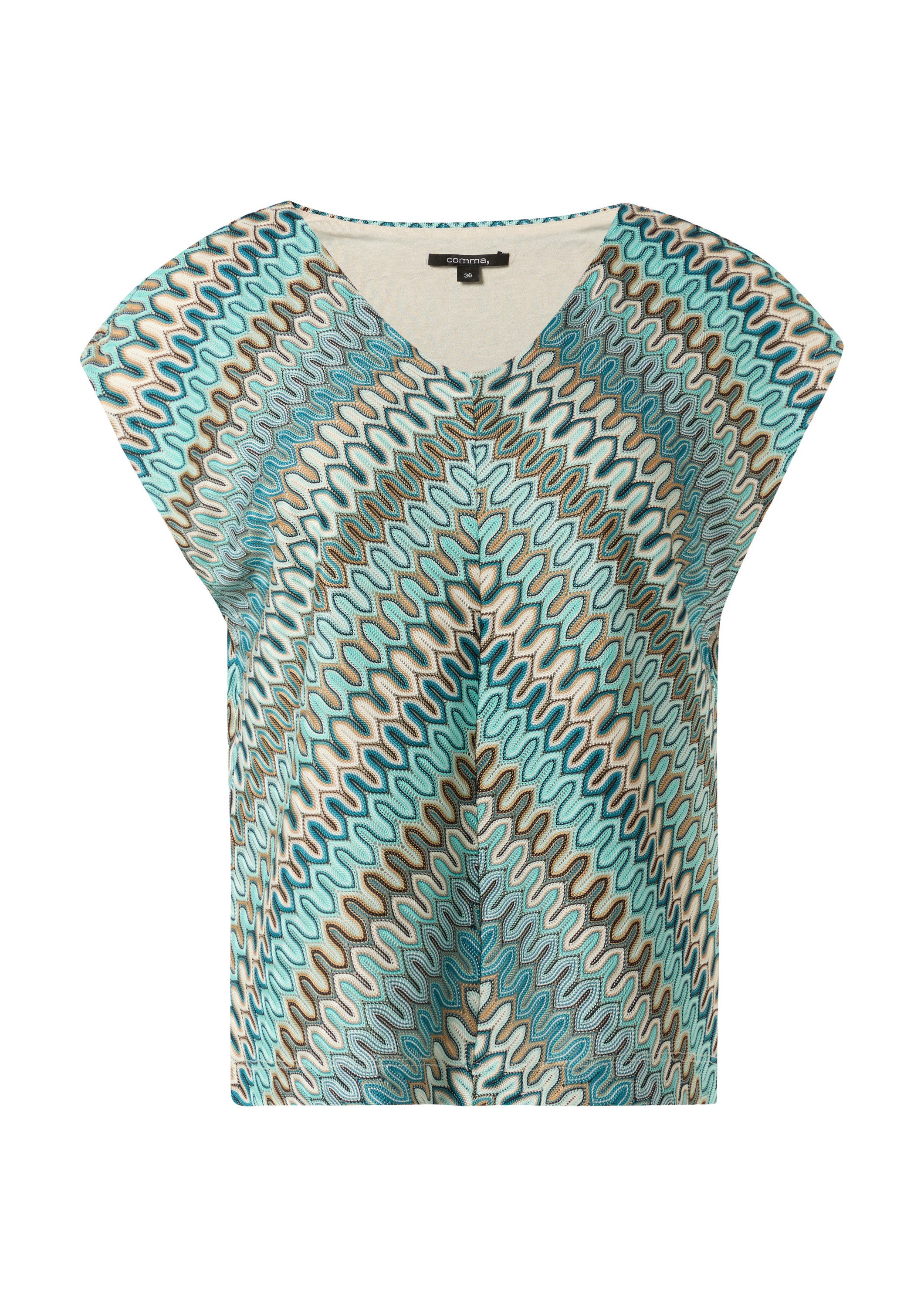 comma Kurzarmshirt T-Shirt Gemustertes Shirt aus Strick-Jersey mit V-Aussch günstig online kaufen