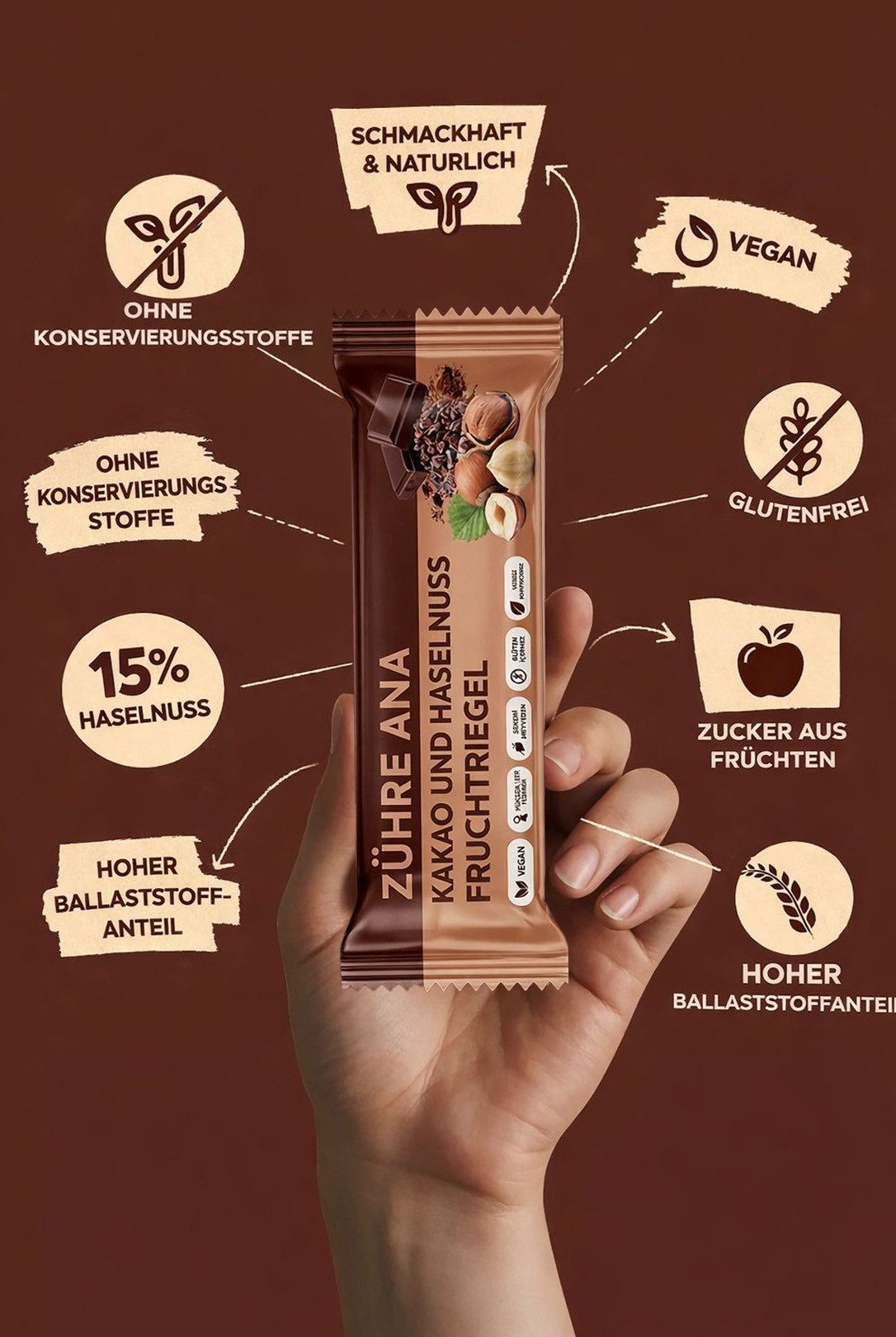 Zühre Ana® Riegel Kakao Haselnuss Fruchtriegel 12x – Vegan, Glutenfrei, Zuckerfrei, 420 g, Leckerer Snack, 35gr x 12 Stück