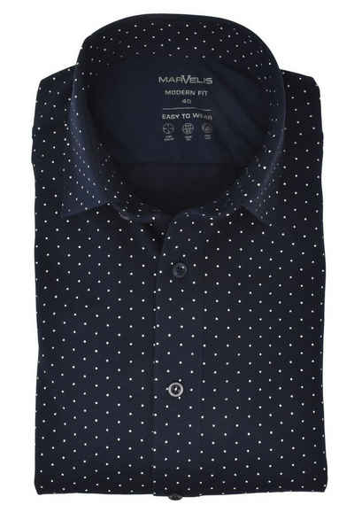 MARVELIS Businesshemd Jersey Hemd - Modern Fit - Langarm - Punkte - Dunkelblau 4-Wege-Stretch