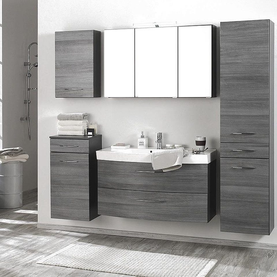 Lomadox Badmöbel-Set FLORIDO-03, (Spar-Set, 5-St), Badschrank Waschtisch Spiegelschrank Hochschrank grau Eiche