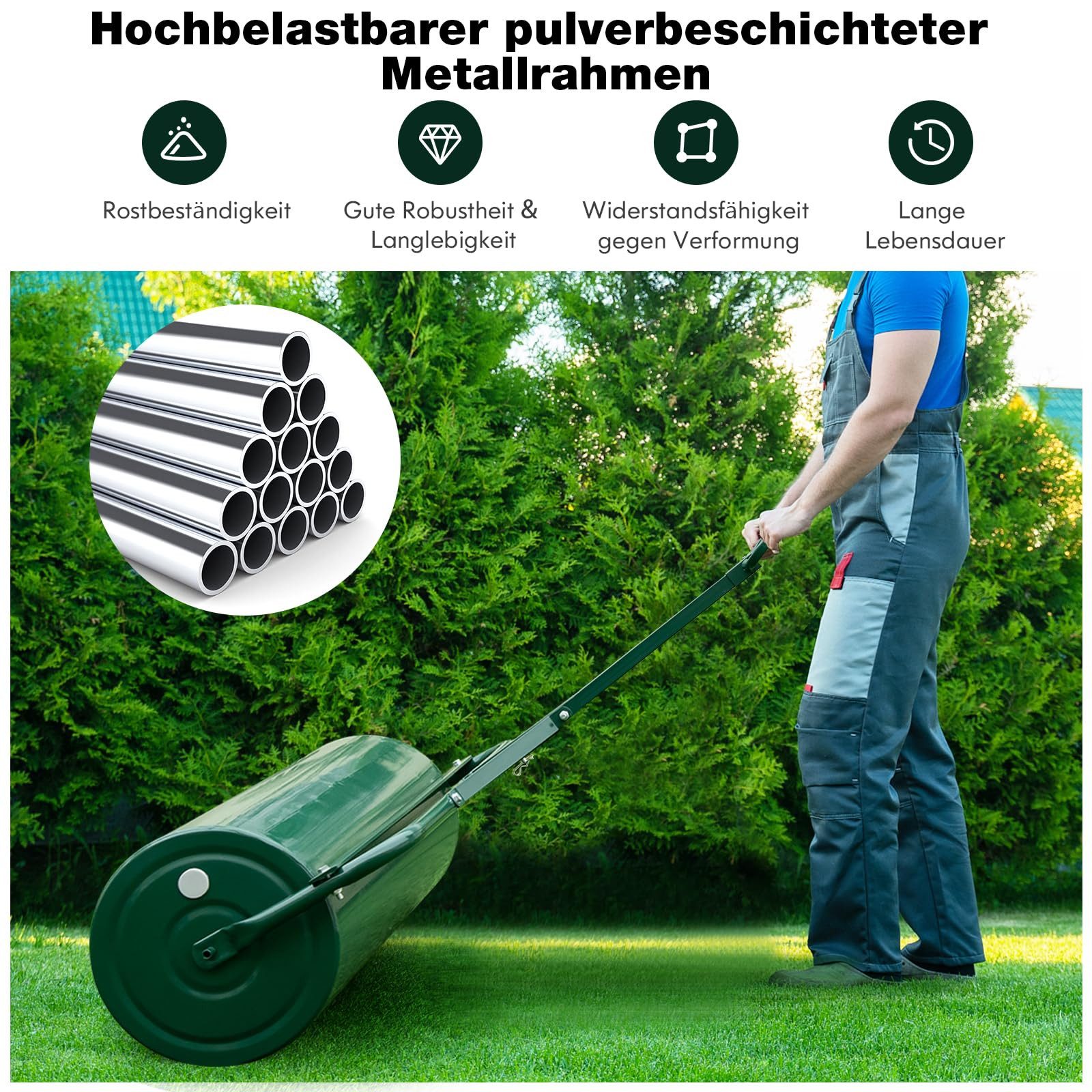 COSTWAY Rasenwalze, 90 cm, 1-tlg.,Handwalze mit Griff, befüllbar mit 113L Wasser/Sand
