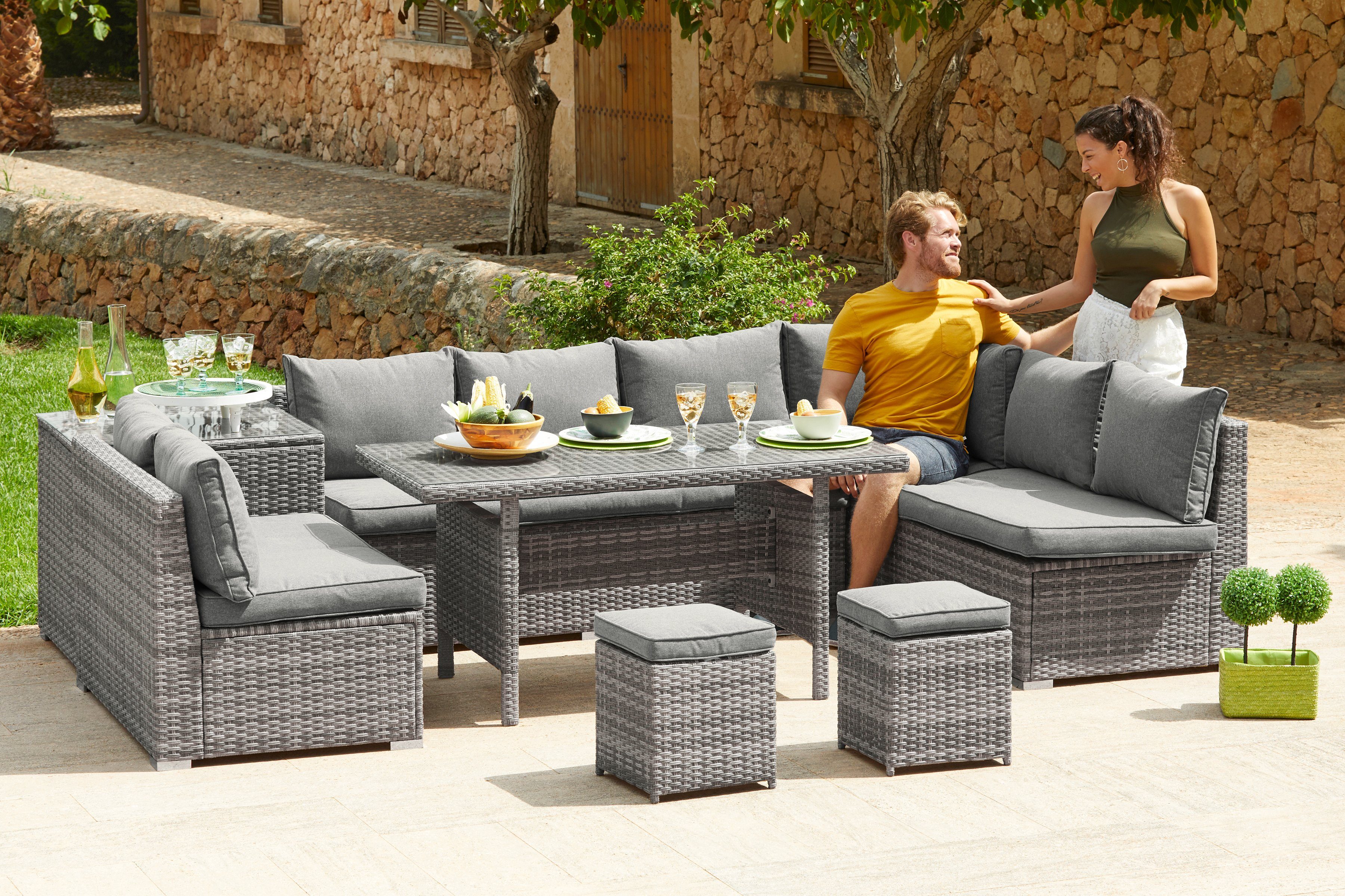 KONIFERA Gartenlounge-Set Kalamos, (Set, 23-tlg., 3er-Sofa, 2x 2er Sofa, Ecksofa, 2x Hocker, 2x Tisch, inkl. Auflagen), Polyrattan, Aluminium, 10 Personen, individuell aufstellbar