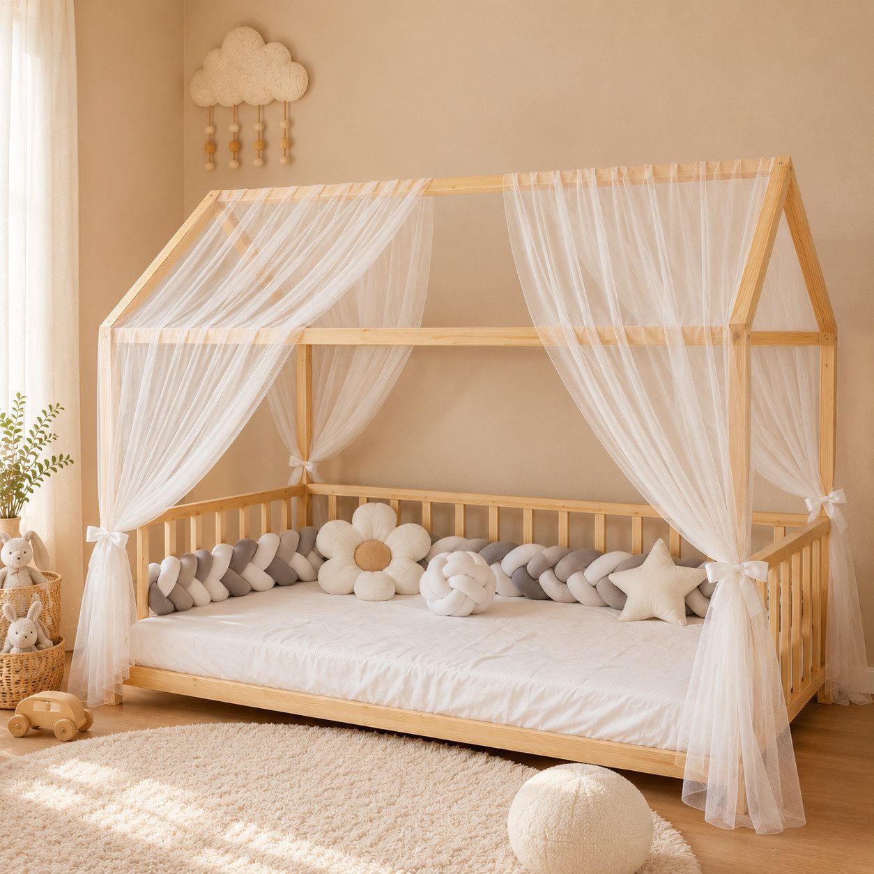 Baby Fancyroom Betthimmel Hausbett Himmel Premium Tüll, Baldachin für Kinderbett Mädchenzimmer, 2-teilig, mit 4 Schleifen, Premium Tüll