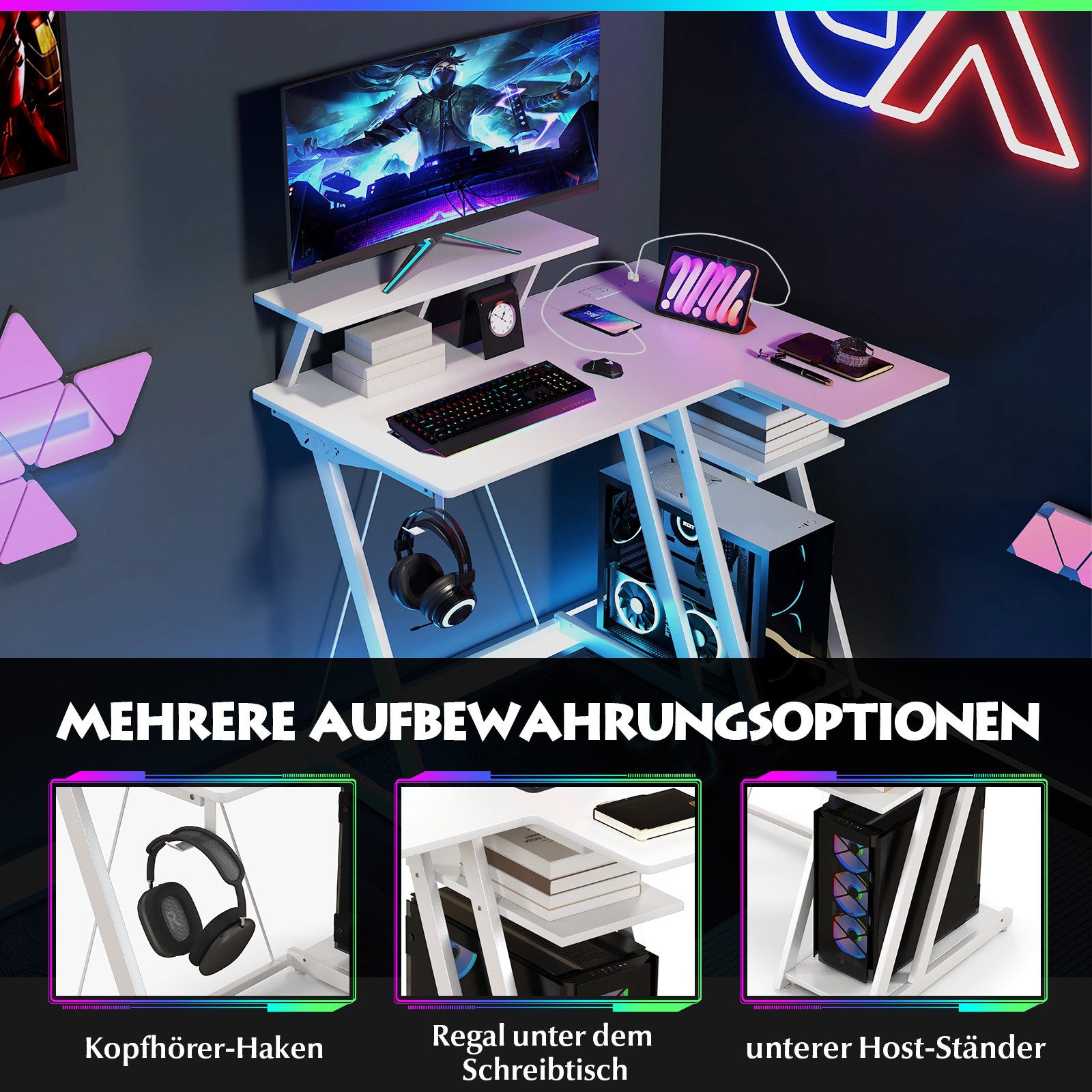 KOMFOTTEU Computertisch, mit Steckdosen & USB-Anschlüssen, 107 x 45 x 93 cm