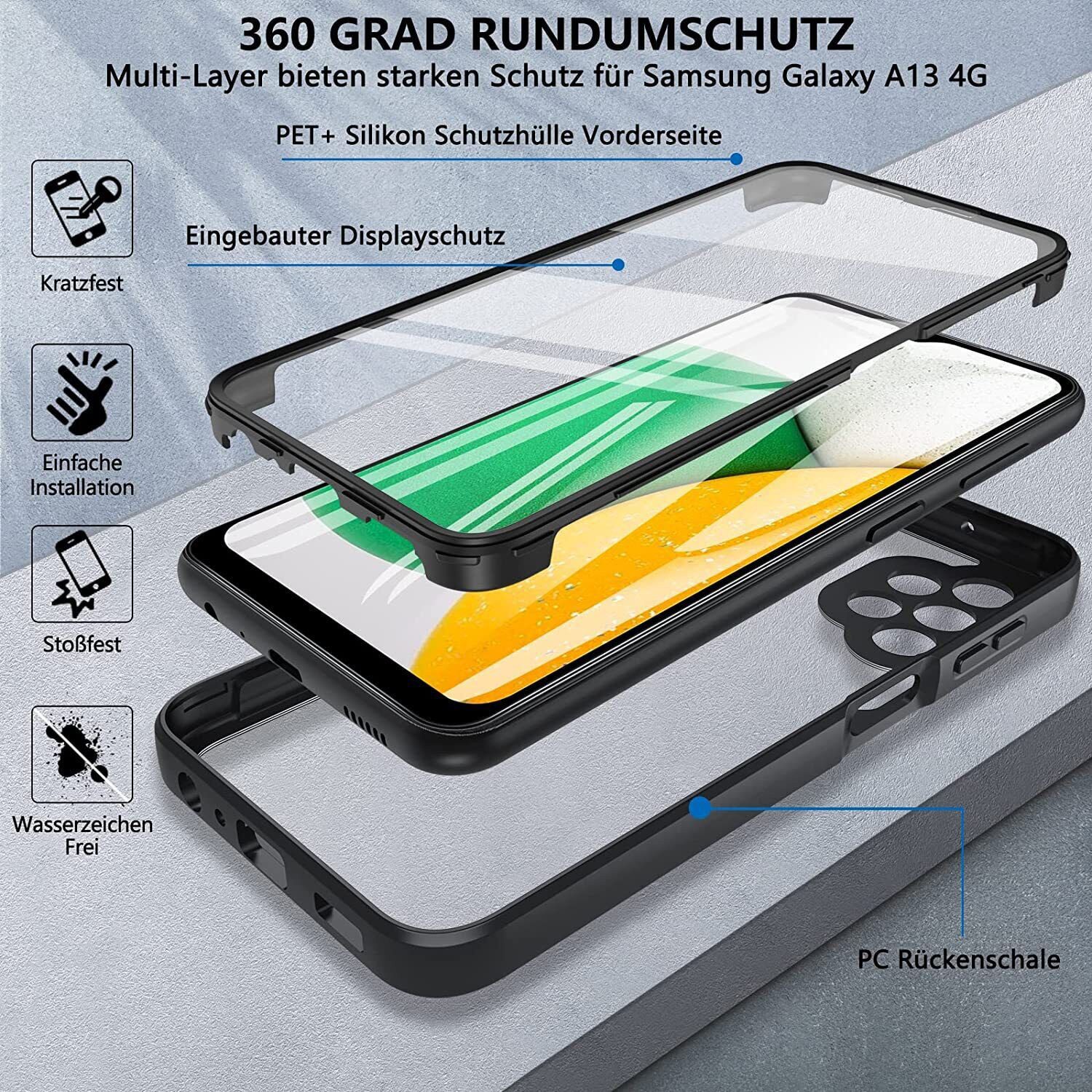 betterfon Handyhülle für Samsung Galaxy A13 4G 2-teiliges 360° TPU Schutzcase, 2-teiliges 360 Grad Case mit Rundumschutz und Displayschutz
