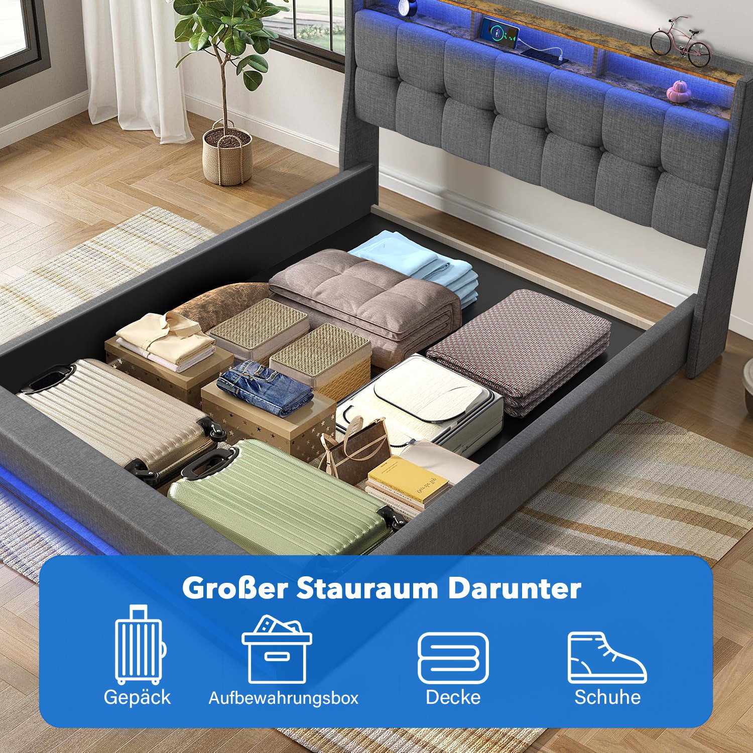 oyajia Polsterbett Doppelbett mit LED Licht,Hydraulisch anhebbarer Stauraumbett 140x200cm (Mit Lattenrost und Ladefunktion, Leinenmaterial Polsterbettt), Modern – Bild 5 von 5