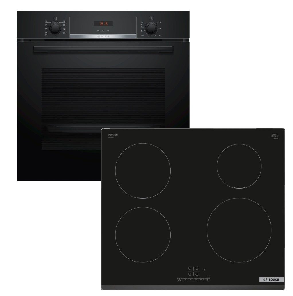 BOSCH Backofen-Set Einbaubackofen Hydrolyse Teleskopauszug+ Induktionskochfeld PowerBoost, mit 1-fach Teilauszug, Hydrolyse EcoClean Direct