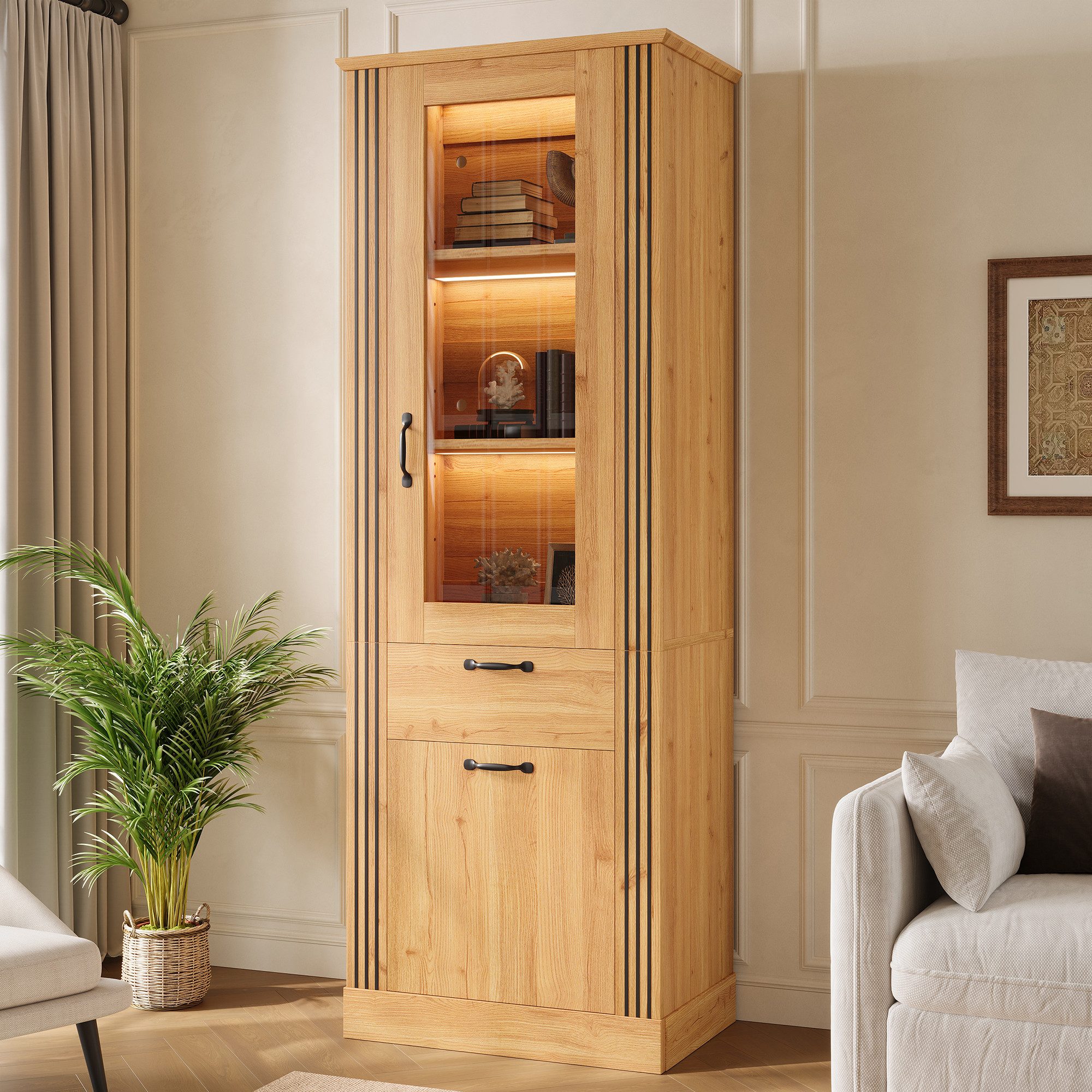 Merax Standvitrine mit LED-Beleuchtung, Vitrinenschrank Aufbewahrungsschrank Hochschrank (Sideboard Kommode, 62x41x180 cm, 1-St) Vitrine mit Spiegeltür, Schublade, Ablagefächern & Aluminiumgriffen