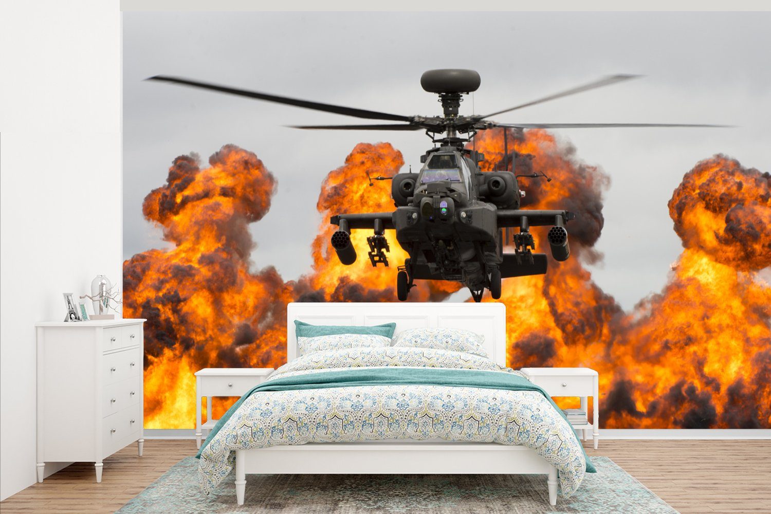 MuchoWow Fototapete Amerika - Hubschrauber - Feuer, Matt, bedruckt, (7 St), Montagefertig Vinyl Tapete für Wohnzimmer, Wandtapete