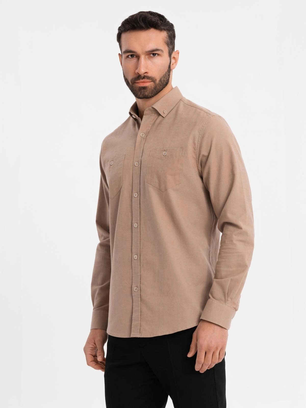 Langarmhemd Herren Leinenhemd mit klassischem Kragen und Taschen REGULAR FIT