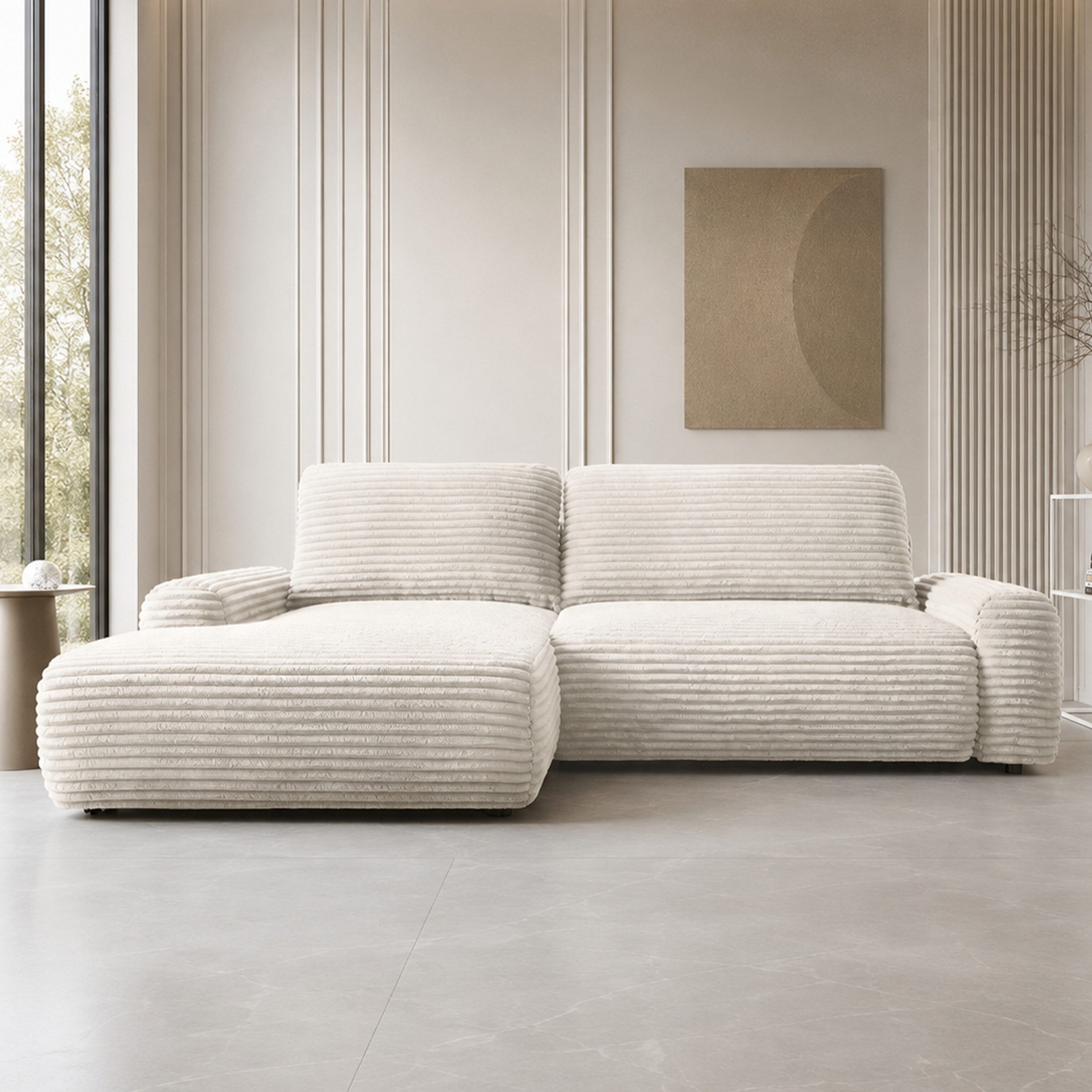 Goldstoff Ecksofa mit Schlaffunktion und Bettkasten, Cord Sofa - Modernes Schlafsofa, L-Form Schlafsofa mit Schlaffunktion und Bettkasten, moderner Cordstoff 2 Teile, pflegeleichtes Cordsofa mit Schlaffunktion in beige